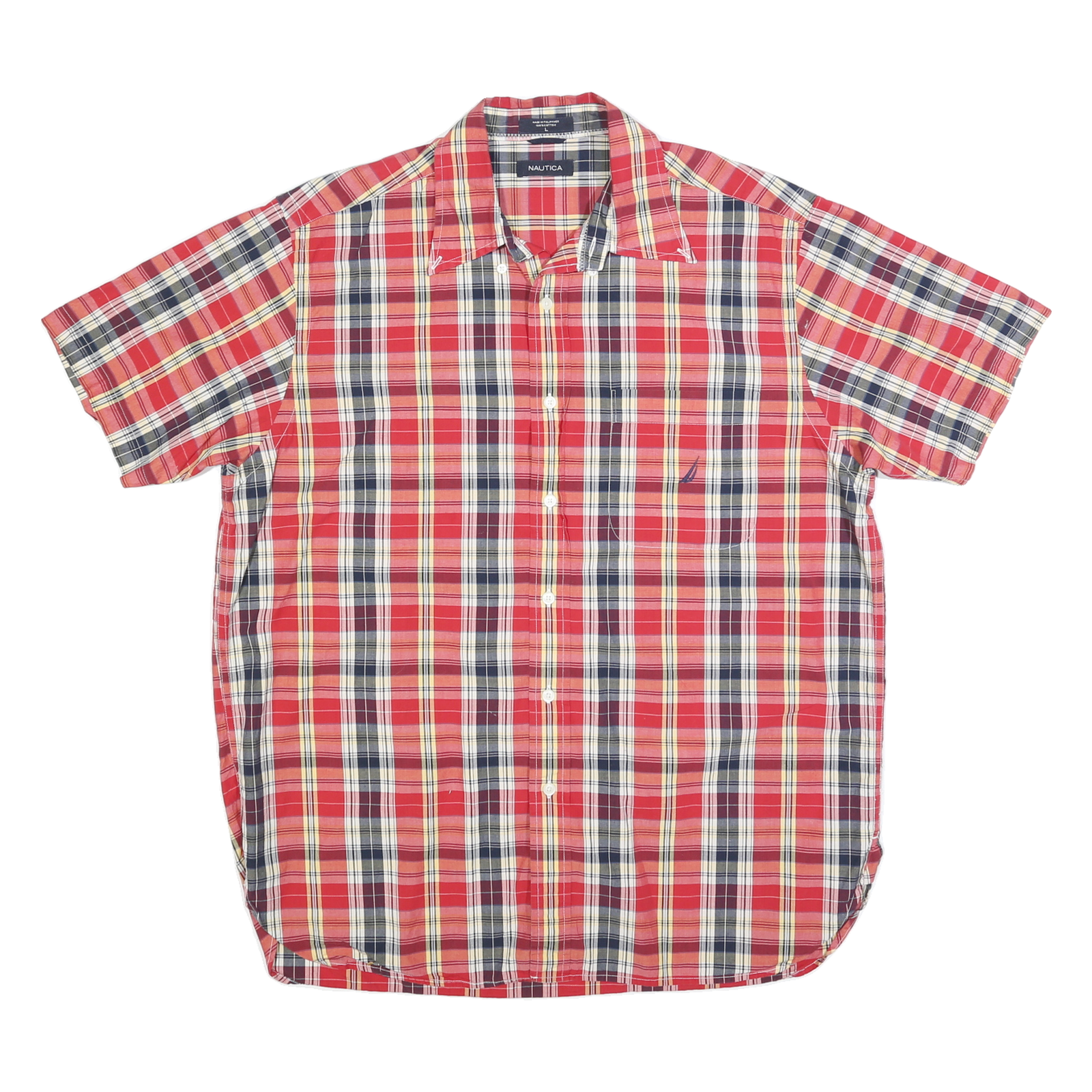 NAUTICA Mens Red & Navy Check Short Sleeve Shirt L Cotton Blend Button Shirt Refurbished - N/A refurbished available on Cerqular