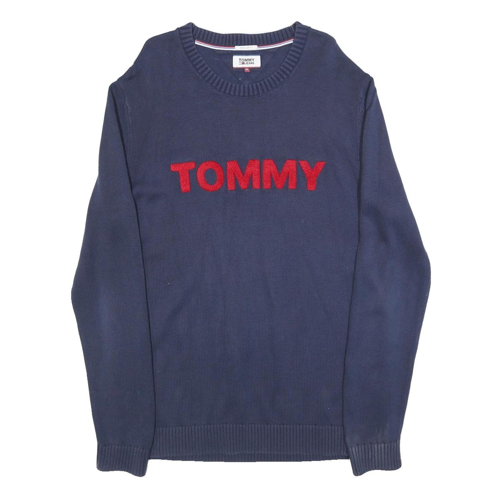 TOMMY HILFIGER Mens Blue Navy Cotton Blend Plain Crew Neck Basic Knit Jumper XL Refurbished - N/A refurbished available on Cerqular