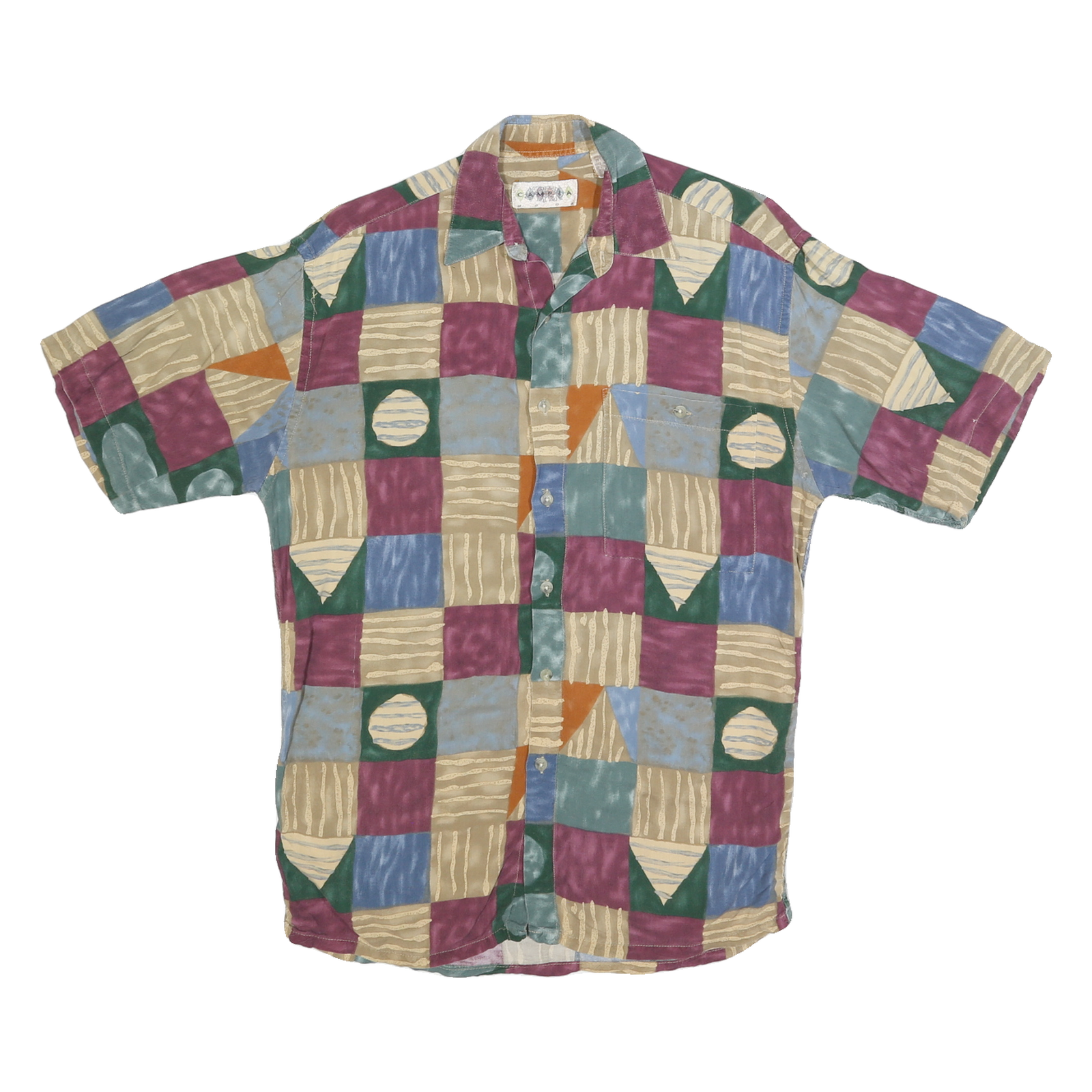 CAMPIA Mens Beige Green Purple Rayon S Geometric Pattern Short Sleeve Shirt Refurbished - N/A refurbished available on Cerqular