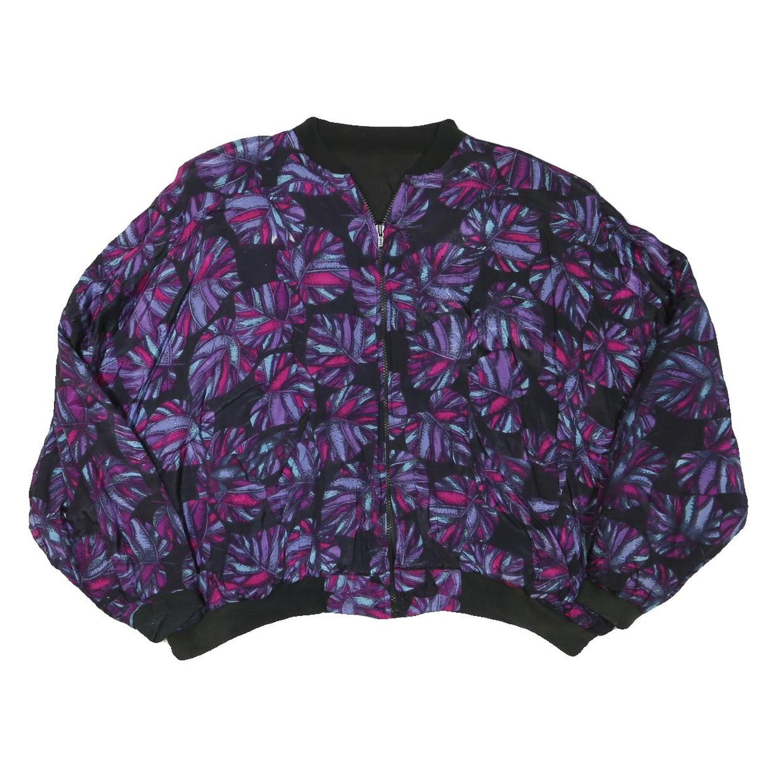 Womens Black Purple Leaf Print Casual Zip Jacket L Polyester Blend Bomber Refurbished - N/A refurbished available on Cerqular