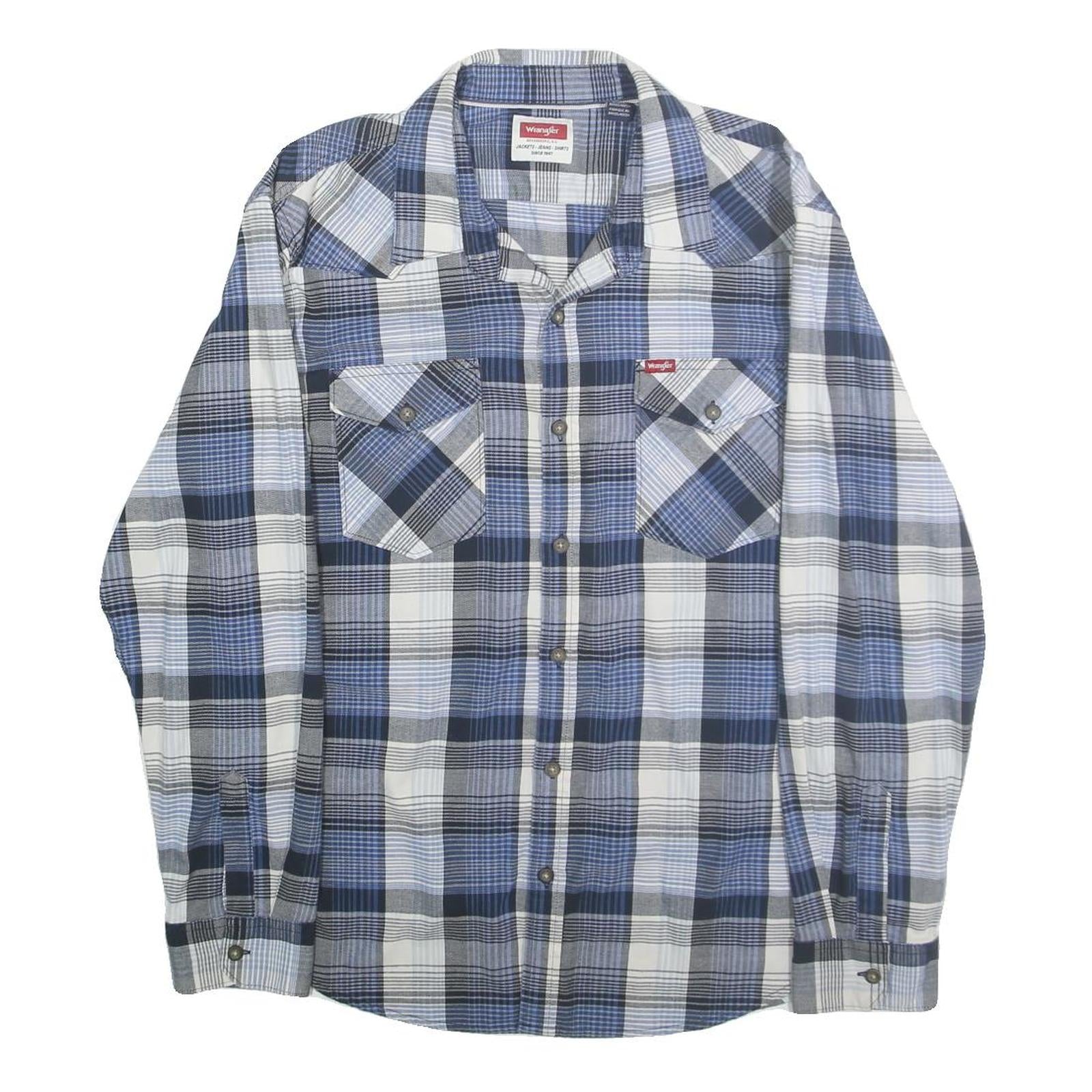 WRANGLER Mens Blue & White Checked Shirt XL Button Pocket Casual Cotton Blend Refurbished - N/A refurbished available on Cerqular