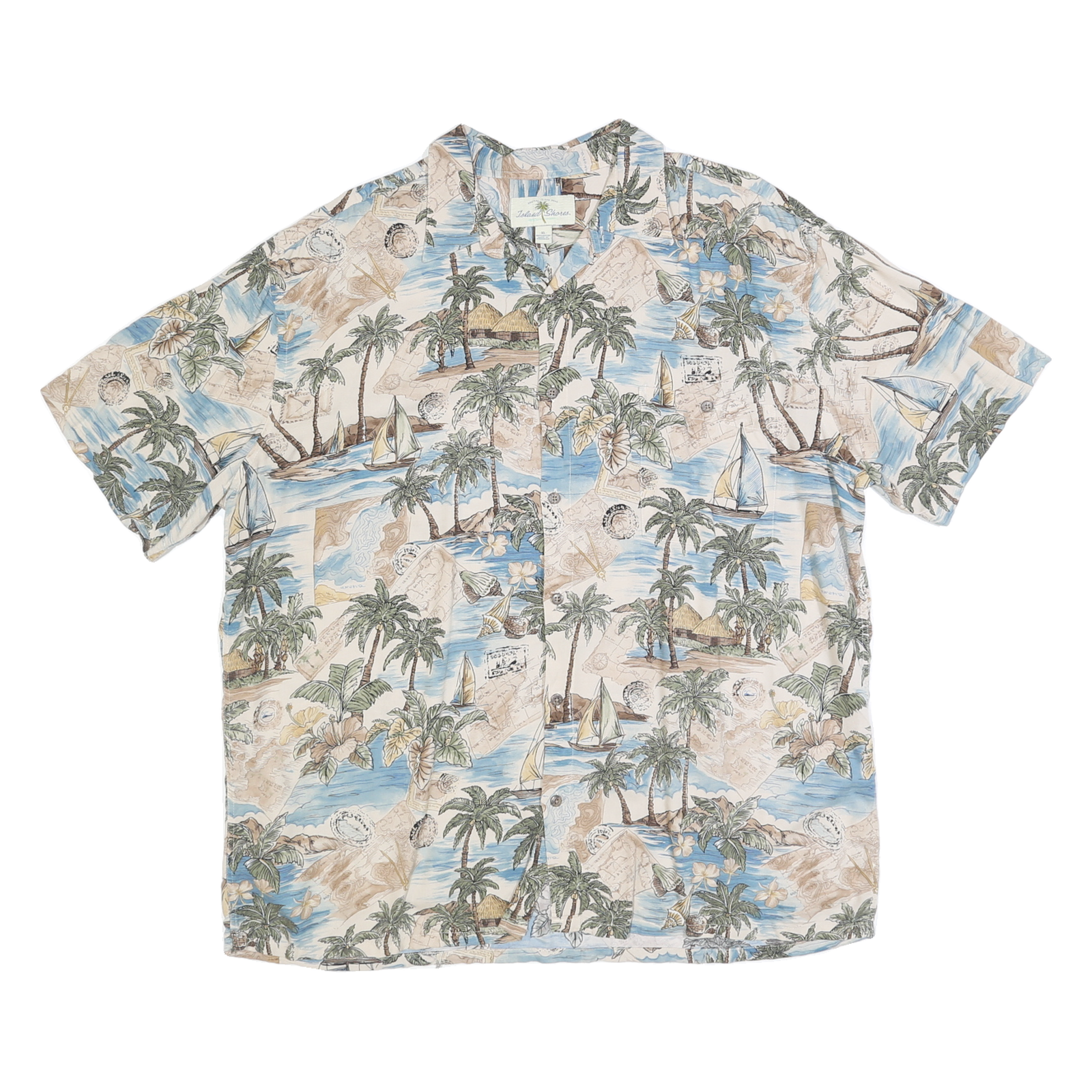 ISLAND SHORES Mens Beige & Blue Rayon Hawaiian Shirt XL Tropical Palm Print Refurbished - N/A refurbished available on Cerqular