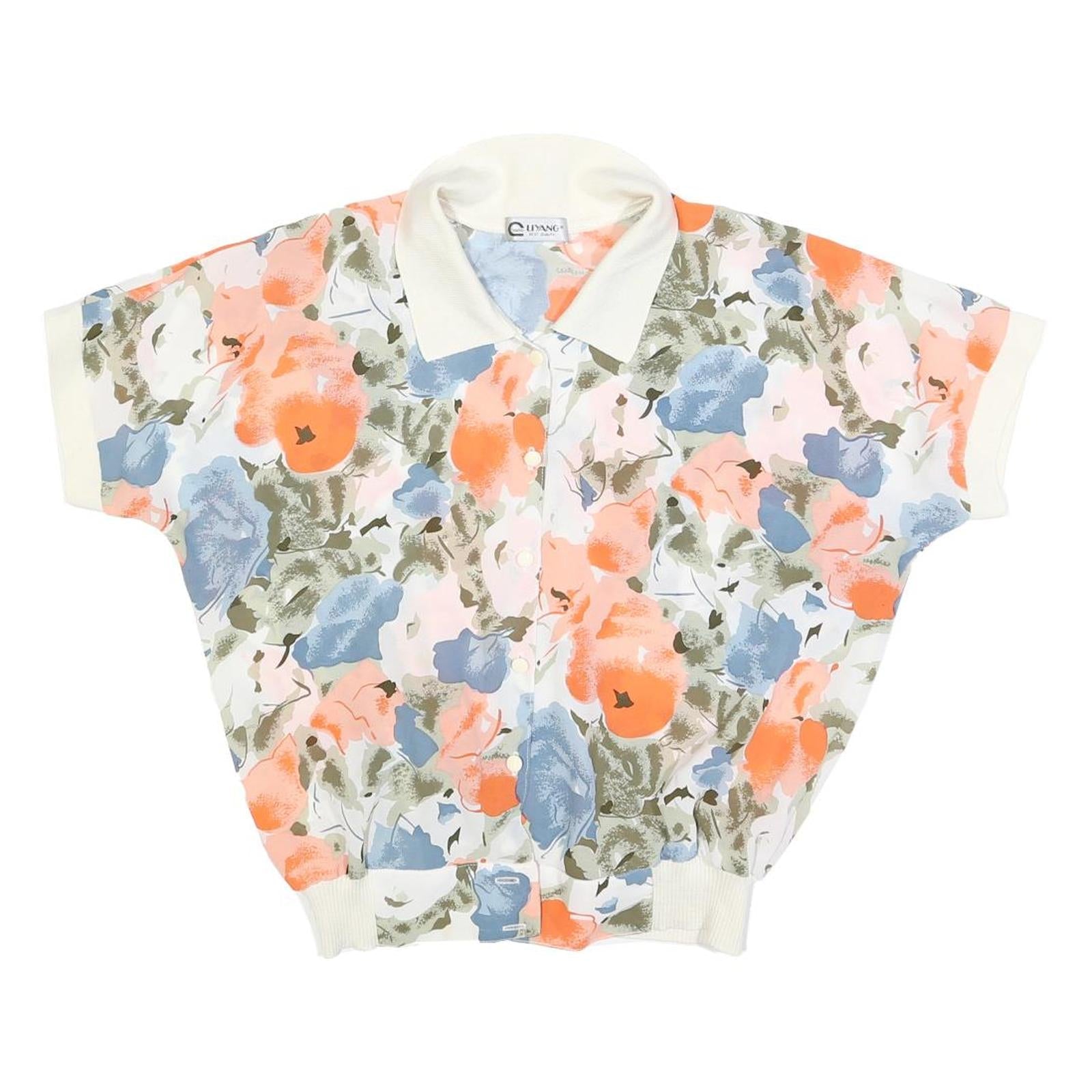 LI YANG Womens Cream & Orange Floral Printed Shirt Short Sleeve Collared M Top Refurbished - N/A refurbished available on Cerqular