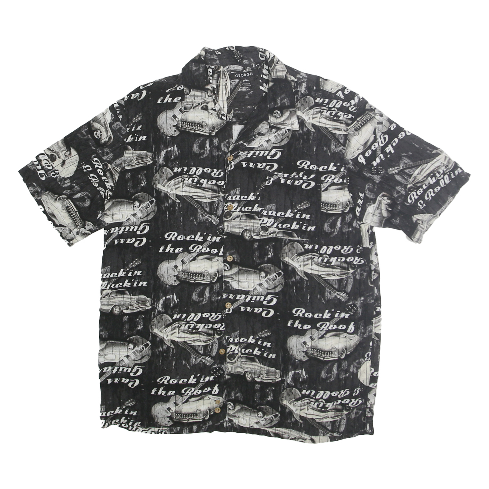 GEORGE Mens Black & White Rockin The Roof Rayon Shirt M Vintage Print Short Refurbished - N/A refurbished available on Cerqular