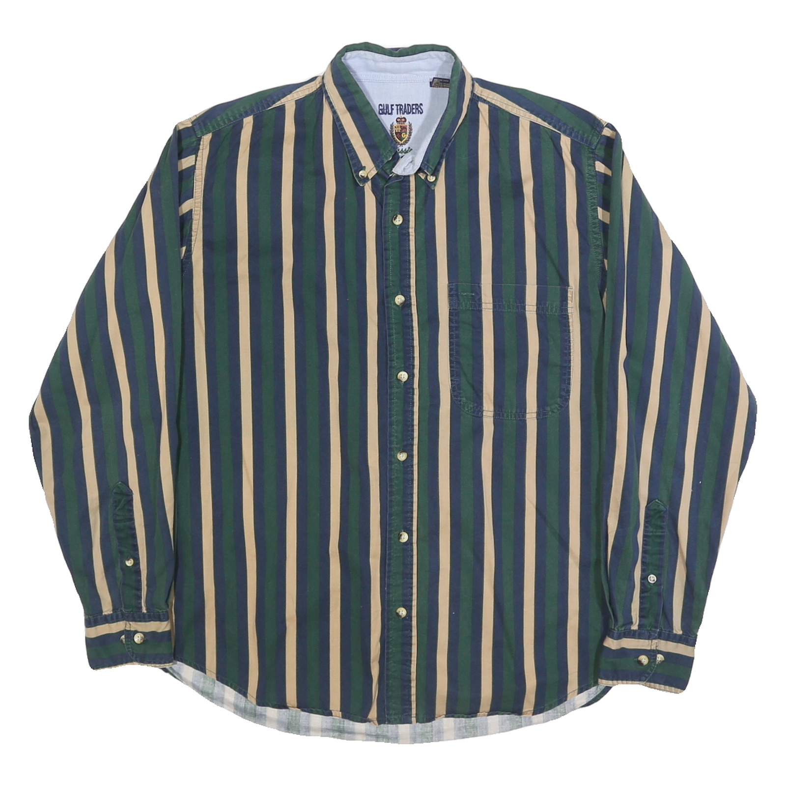 GULF TRADERS Mens Blue Green & Beige Stripe Shirt M Button Down Cotton Refurbished - N/A refurbished available on Cerqular