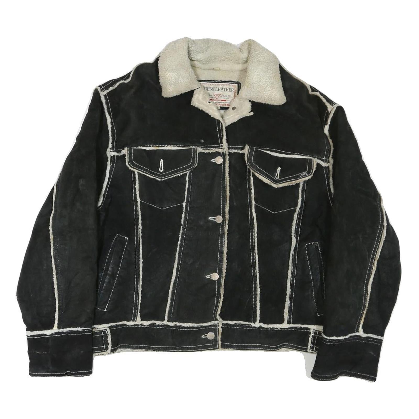 GUESS Womens Black Leather Button Jacket M Shearling Trim Contrast Stitching Refurbished - N/A refurbished available on Cerqular