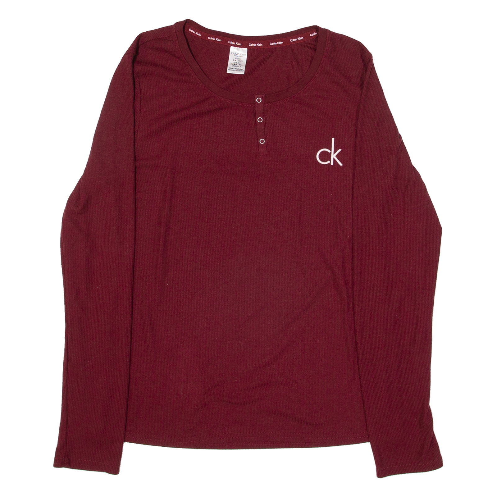 CALVIN KLEIN Ribbed Sleepwear Womens T-Shirt Maroon Long Sleeve Button Neck S Refurbished - N/A refurbished available on Cerqular
