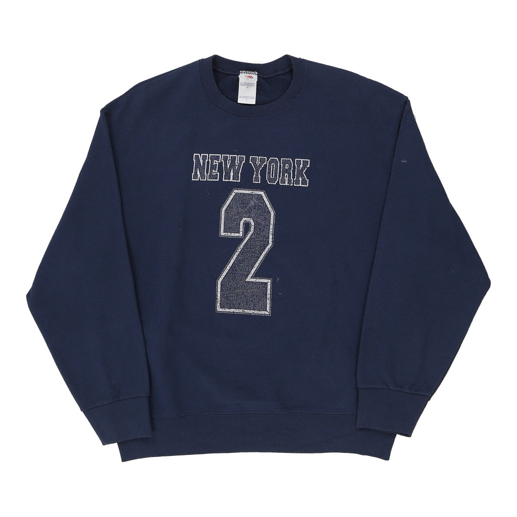 New York Fruit Of The Loom Sweatshirt - Large Navy Cotton Blend Refurbished - Thrifted (note: this is a term often used to describe second- refurbished available on Cerqular