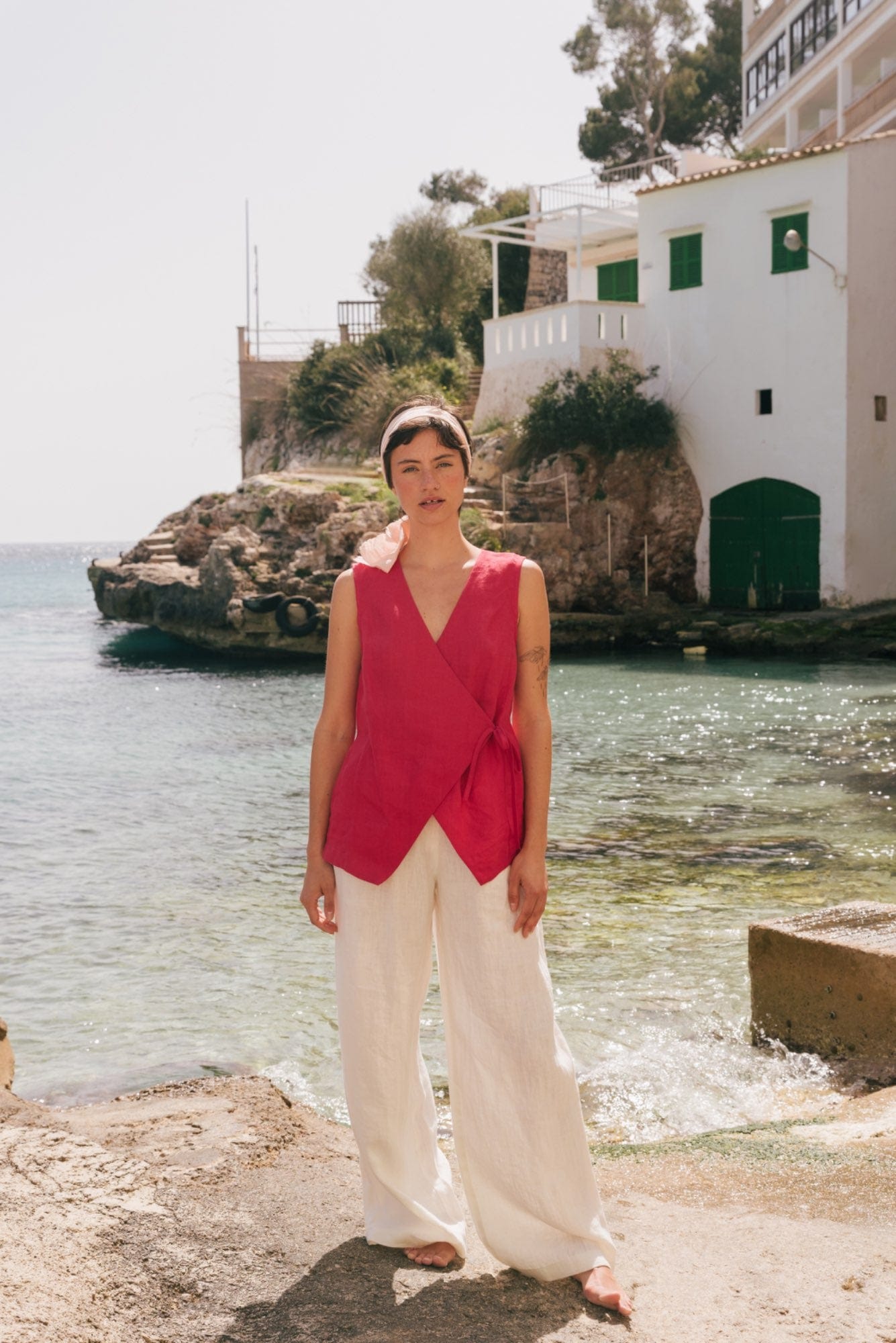 Lydia classic wide linen pants in White | Size: XL Refurbished - Amour Linen refurbished available on Cerqular