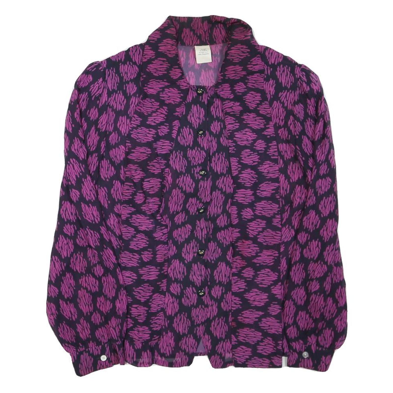 Womens Purple Black Printed Long Sleeve Collared Shirt M Button Front Polyester Refurbished - N/A refurbished available on Cerqular