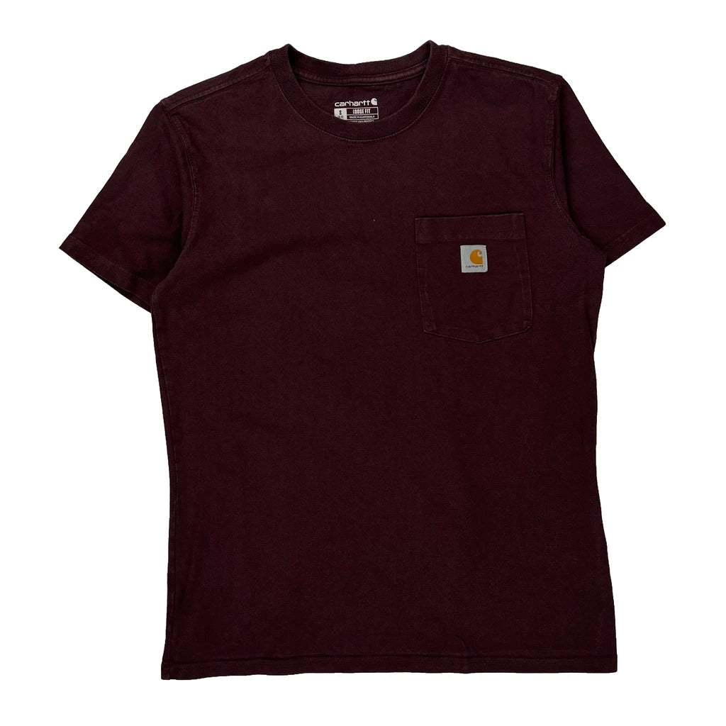 Carhartt T-Shirt - Small Burgundy Cotton Refurbished - Thrifted (note: this is a term often used to describe second- refurbished available on Cerqular