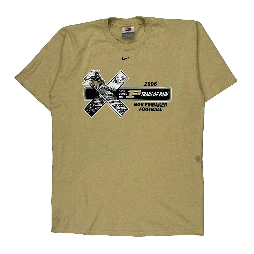 Boilermaker Football Nike T-Shirt - Medium Beige Cotton Refurbished - Thrifted (note: this is a term often used to describe second- refurbished available on Cerqular