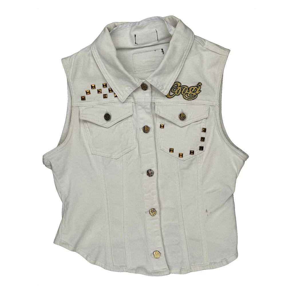 Coogi Studded Denim Gilet - XL White Cotton Refurbished - Thrifted (note: this is a term often used to describe second- refurbished available on Cerqular