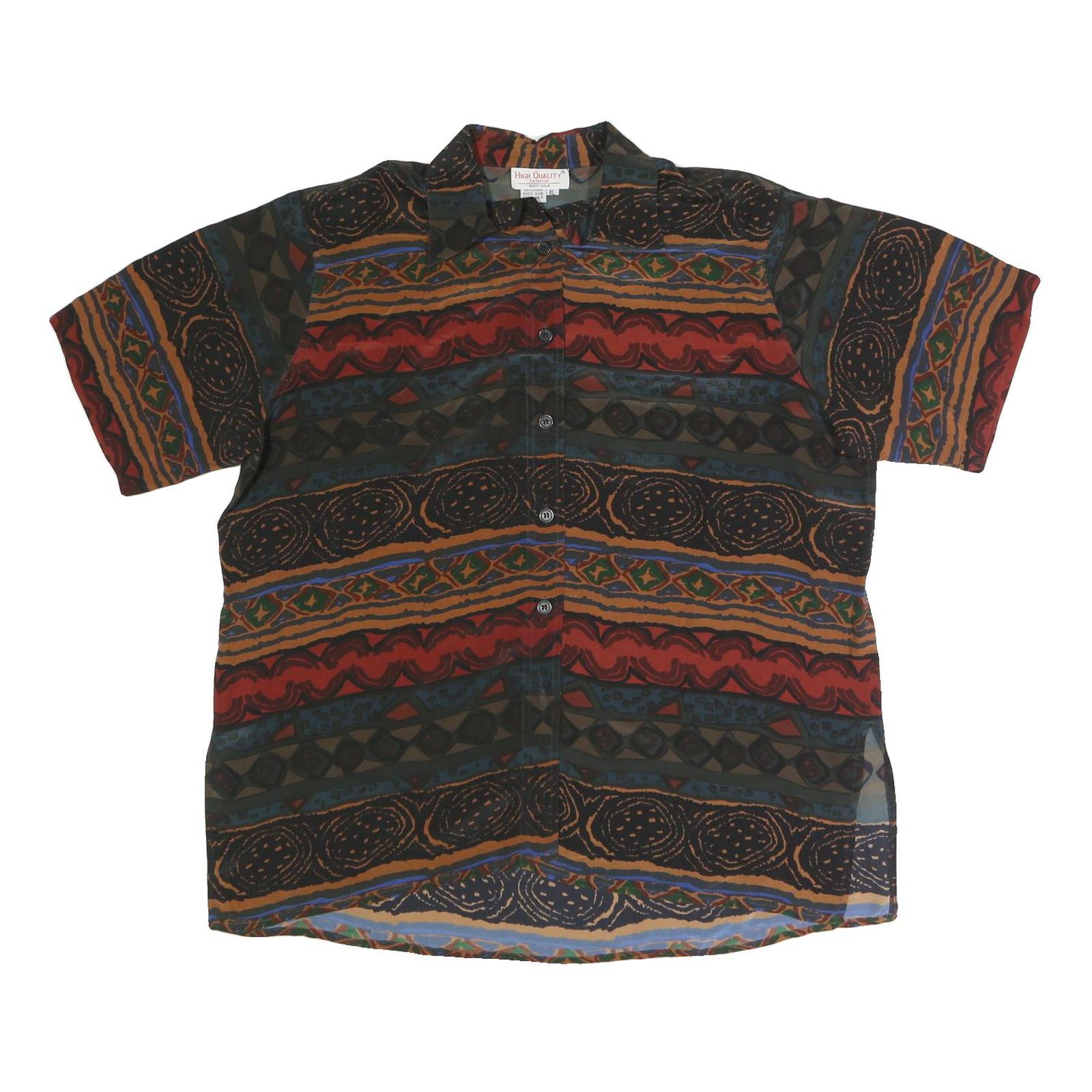 HIGH QUALITY FASHION Womens Multi Printed Silk Shirt Short Sleeve Collared XL Refurbished - N/A refurbished available on Cerqular