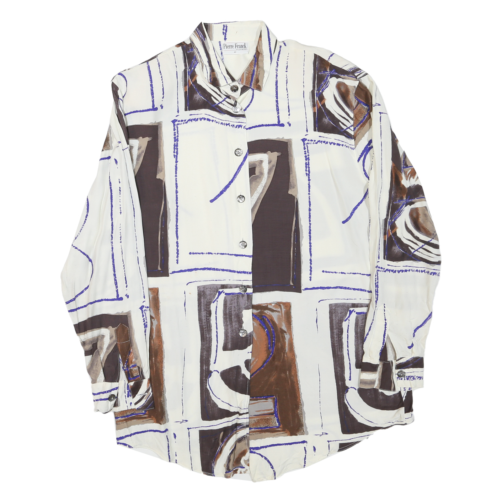 PIERRE FRANCK Womens Cream & Brown Abstract Print Shirt XL Unique Geometric Refurbished - N/A refurbished available on Cerqular