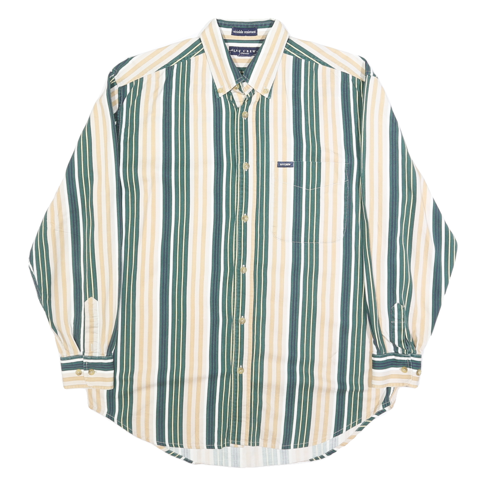IUVY CREW Mens Green & Beige Striped Cotton Shirt M Classic Long Sleeve Button Refurbished - N/A refurbished available on Cerqular