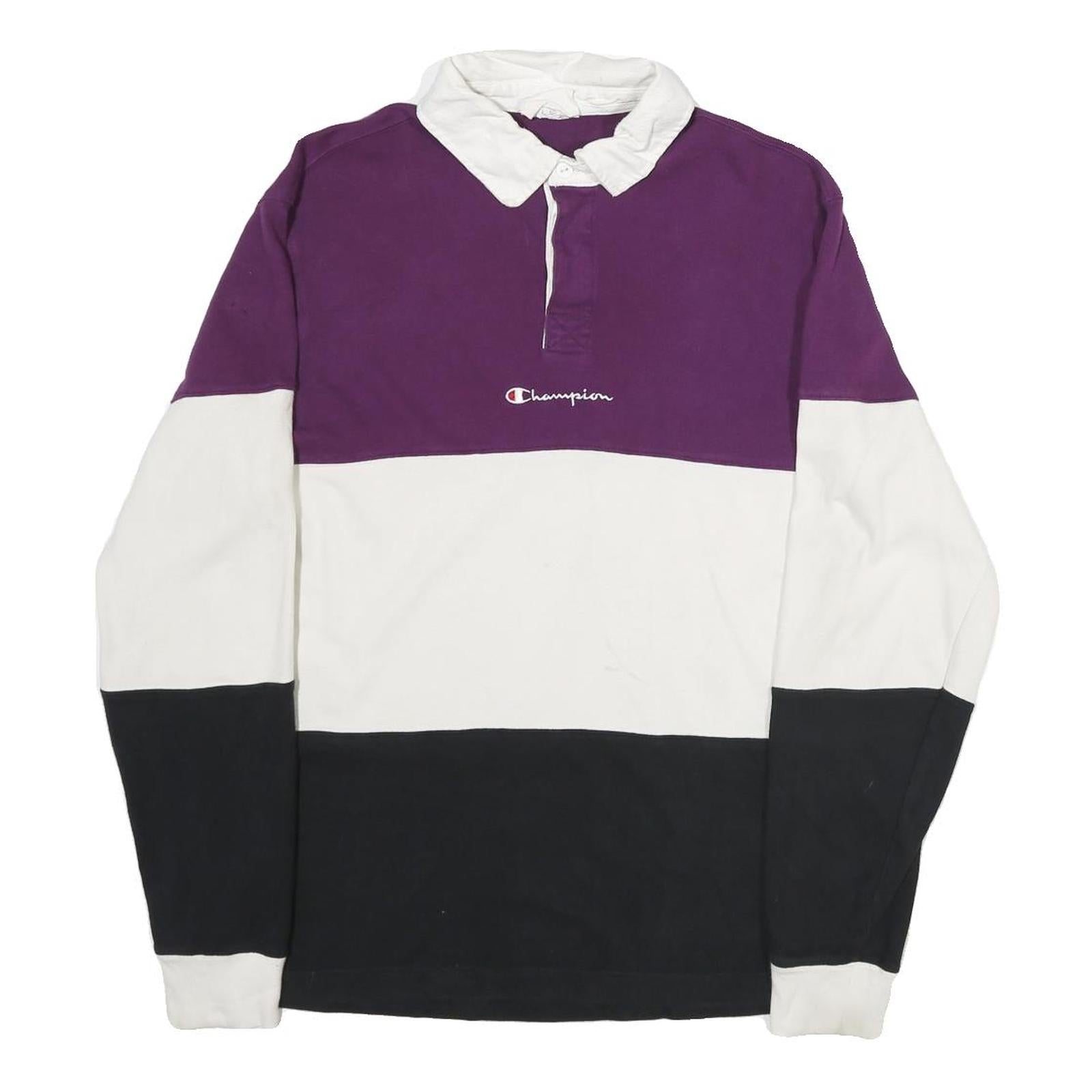 CHAMPION Mens Purple & White & Black Long Sleeve Colourblock M Cotton Polo Shirt Refurbished - N/A refurbished available on Cerqular
