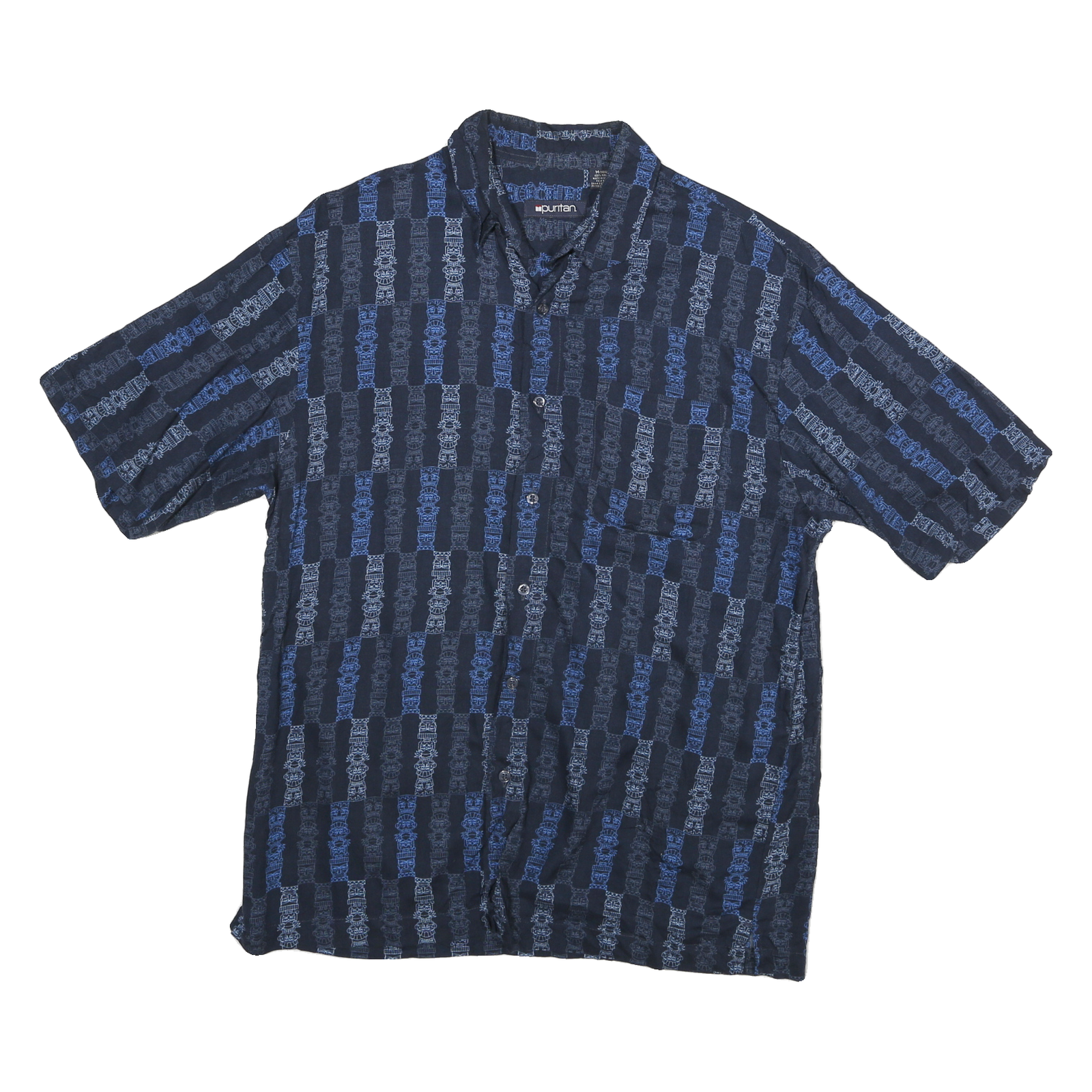 PURITAN Mens Navy Blue Patterned Rayon Shirt M Casual Button Up Refurbished - N/A refurbished available on Cerqular