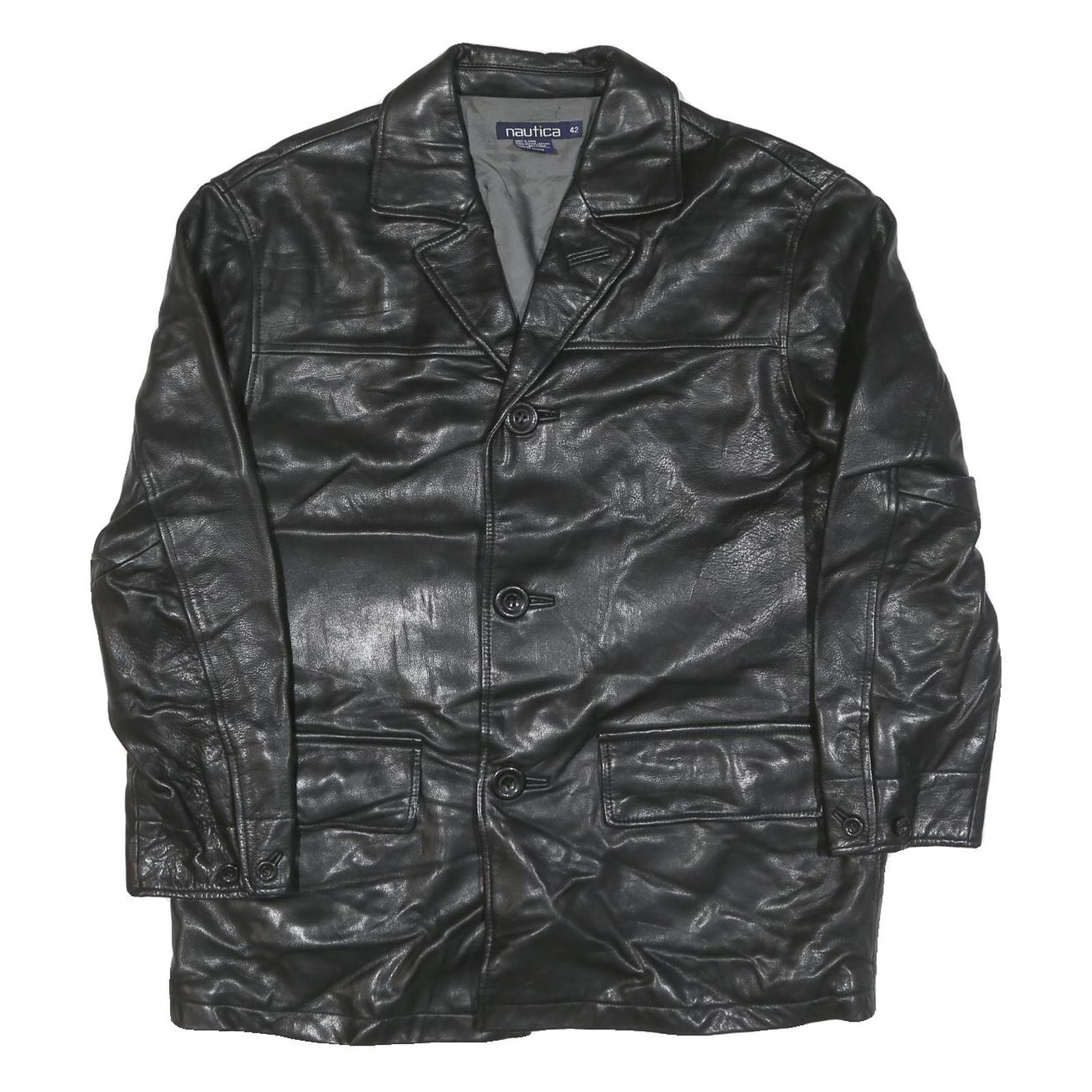 NAUTICA Mens Black Leather Button Jacket XL Smooth Plain Classic Outerwear Refurbished - N/A refurbished available on Cerqular