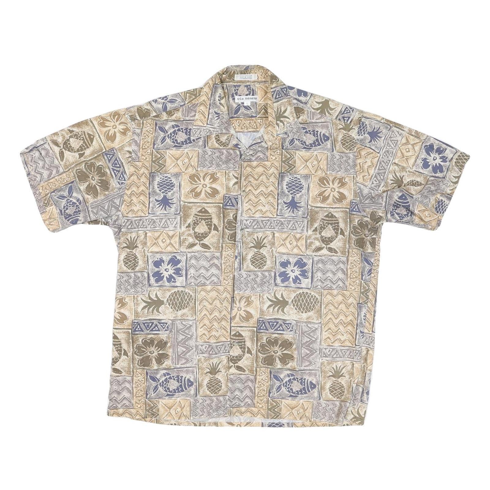 VIVA VENTO Mens Beige & Blue Pattern Cotton Blend Shirt L Casual Summer Tropical Refurbished - N/A refurbished available on Cerqular