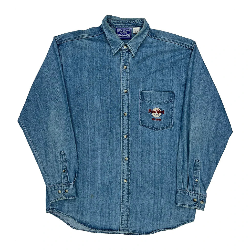 Hard Rock Cafe Graphic Denim Shirt - Large Blue Cotton Refurbished - Thrifted (note: this is a term often used to describe second- refurbished available on Cerqular