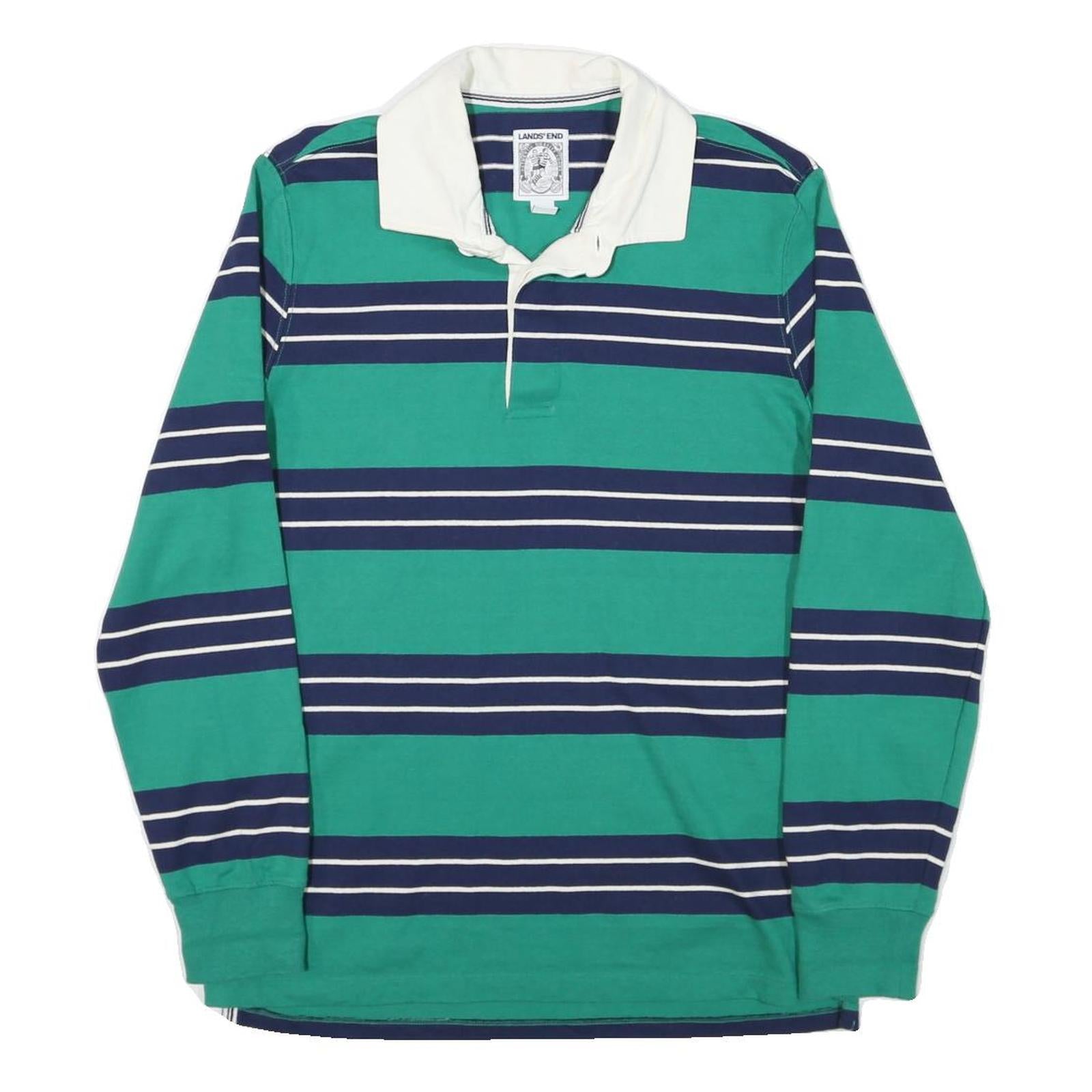 LANDS END Mens Green & Navy Striped Long Sleeve Polo Shirt M Cotton Blend Casual Refurbished - N/A refurbished available on Cerqular