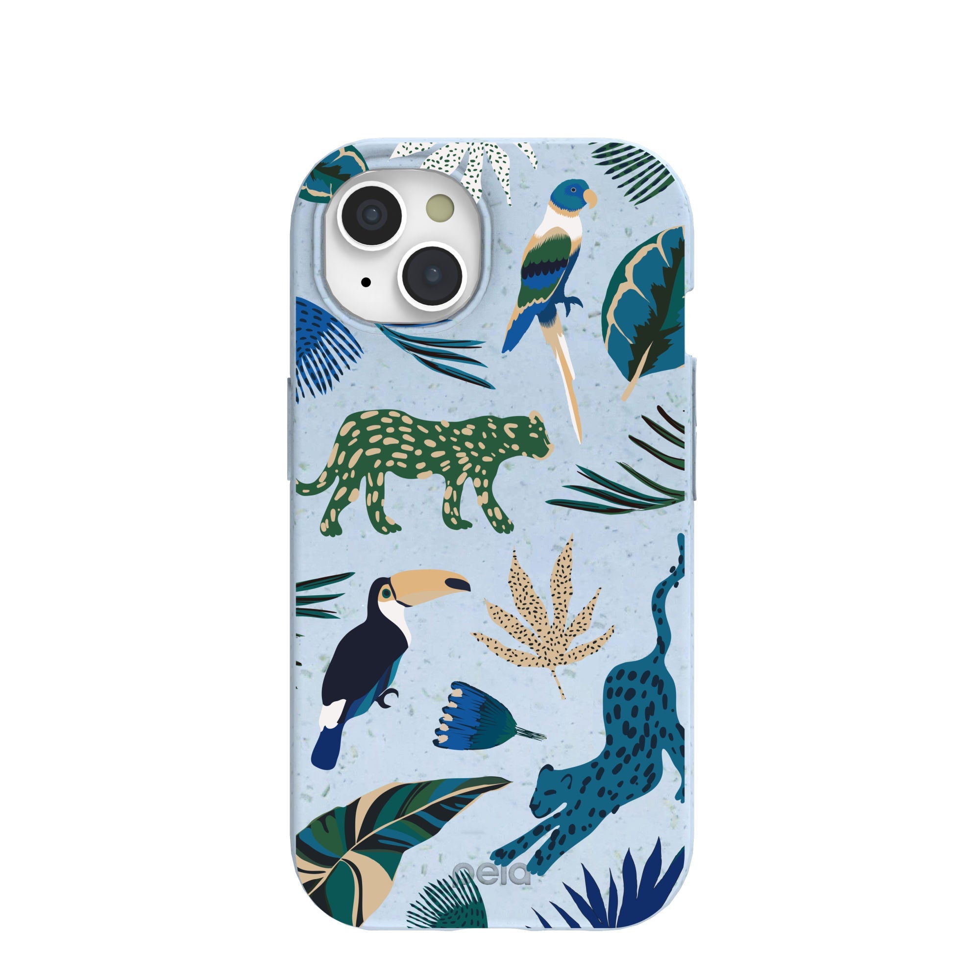 Powder Blue Tropical Rainforest iPhone 15 Case Refurbished - Pela Case refurbished available on Cerqular