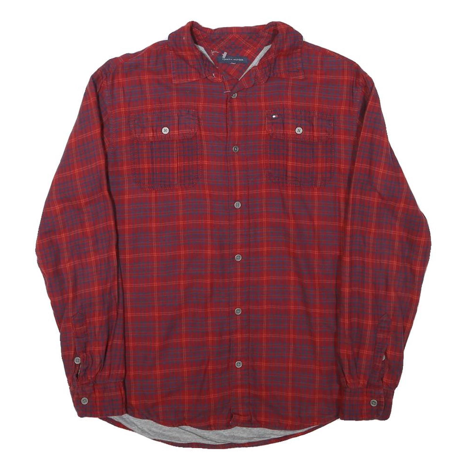 TOMMY HILFIGER Mens Red & Blue Check Shirt XS Long Sleeve Cotton Blend Relaxed Refurbished - N/A refurbished available on Cerqular