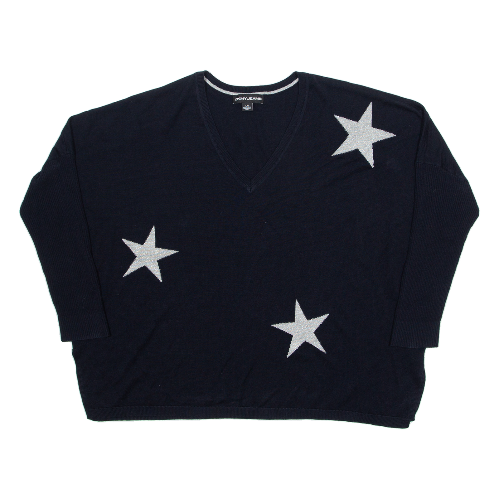 DKNY Star Womens Patterned Jumper Blue V-Neck Tight Knit L Refurbished - N/A refurbished available on Cerqular