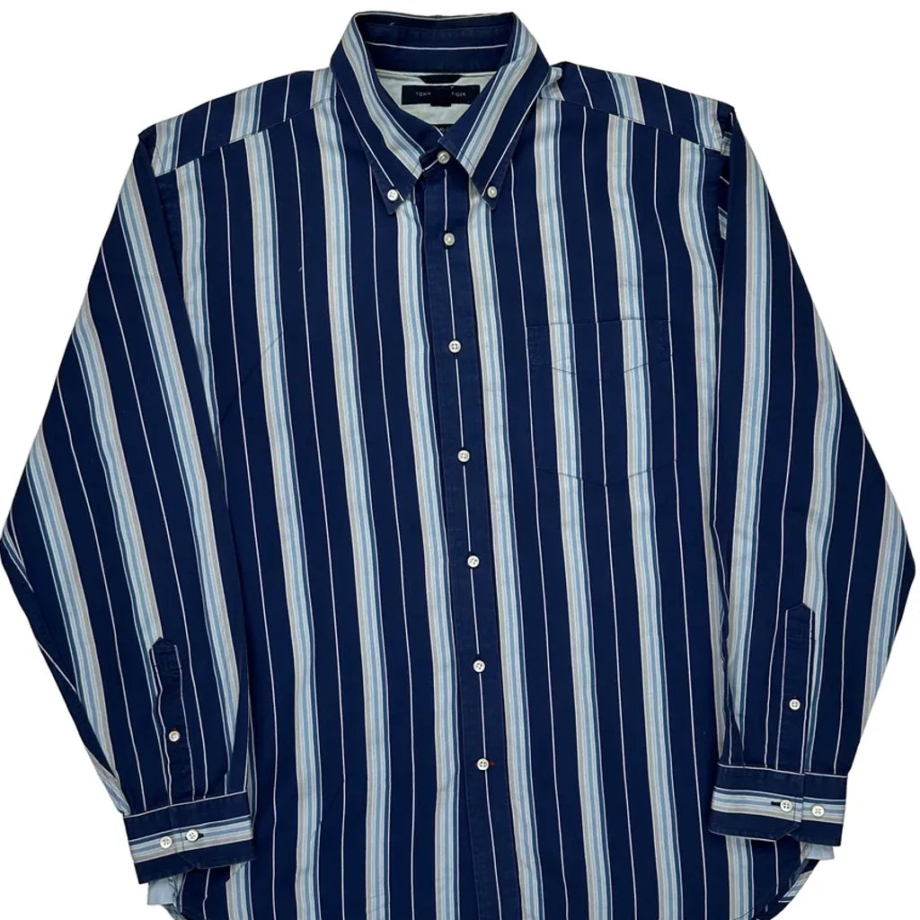 Tommy Hilfiger Striped Shirt - Large Blue Cotton Refurbished - Thrifted (note: this is a term often used to describe second- refurbished available on Cerqular