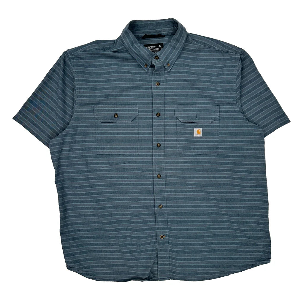 Carhartt Striped Short Sleeve Shirt - 2XL Blue Cotton Refurbished - Thrifted (note: this is a term often used to describe second- refurbished available on Cerqular