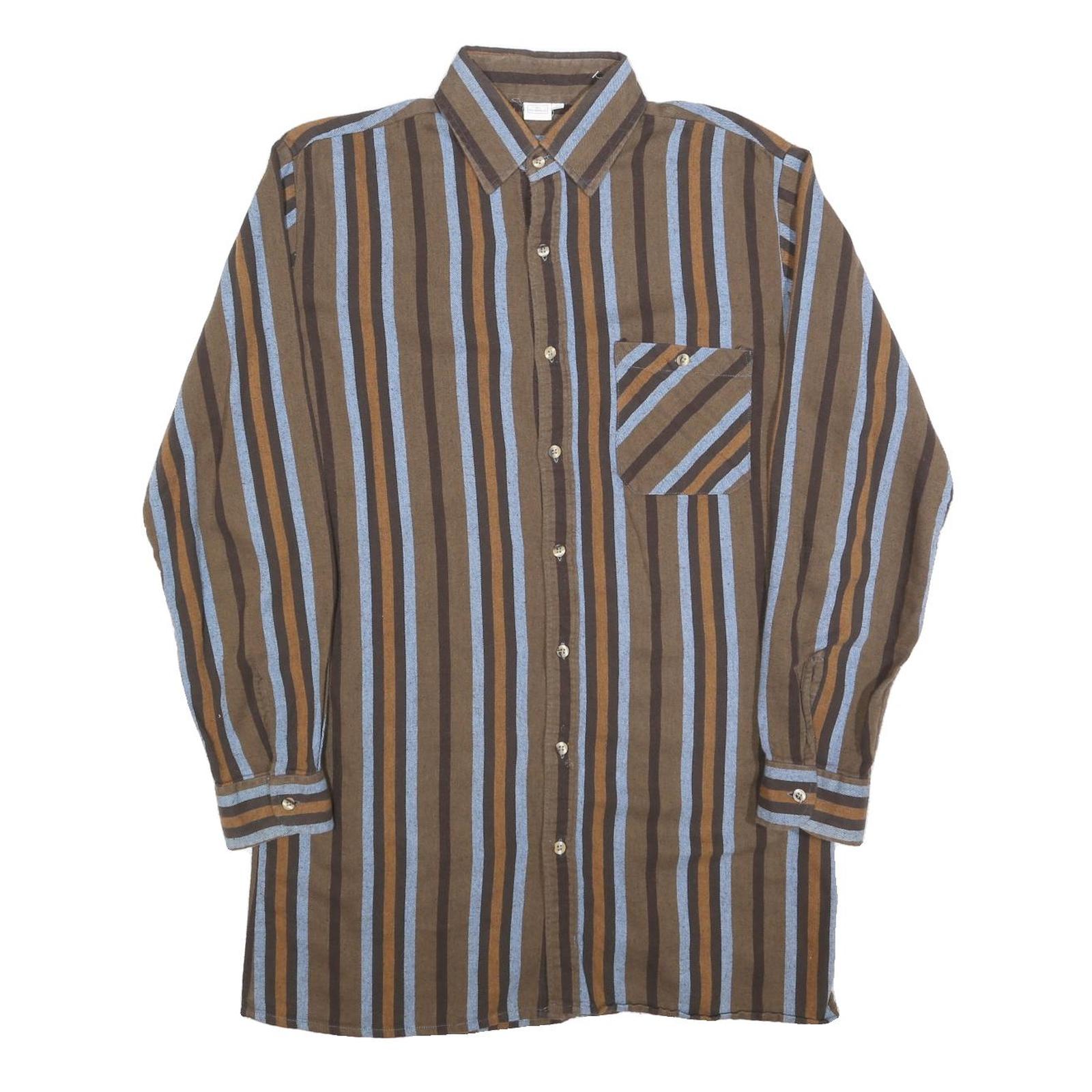 Mens Brown Blue Striped Cotton Shirt L Long Sleeve Button Front Casual Refurbished - N/A refurbished available on Cerqular
