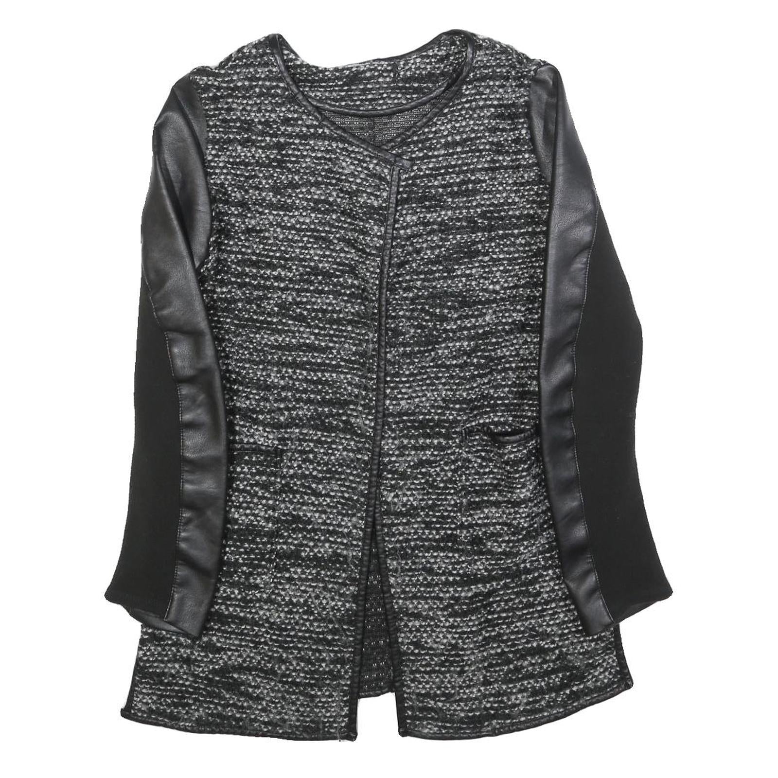 Womens Black & Grey Tweed Textured Jacket S Faux Leather Sleeves Open Front Refurbished - N/A refurbished available on Cerqular