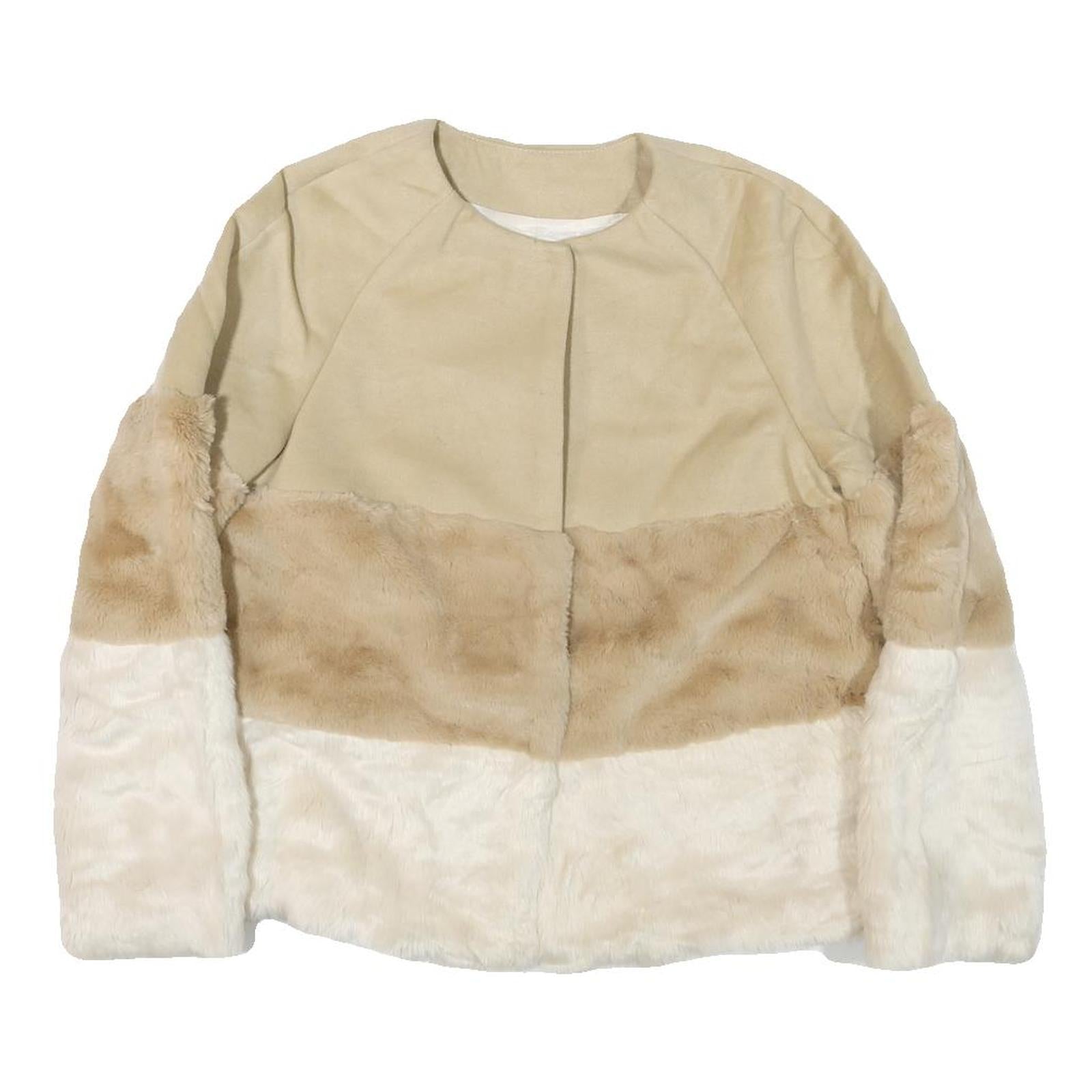 STRADIVARIUS Womens Beige Faux Fur Colourblock Jacket S Synthetic Button Closure Refurbished - N/A refurbished available on Cerqular