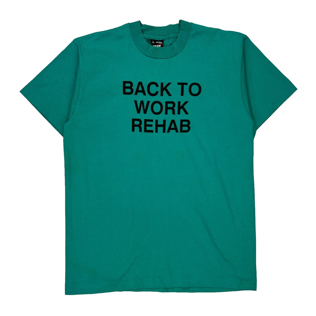 Back To Work Rehab Fruit Of The Loom Single Stitch T-Shirt - Large Green Cotton Blend Refurbished - Thrifted (note: this is a term often used to describe second- refurbished available on Cerqular