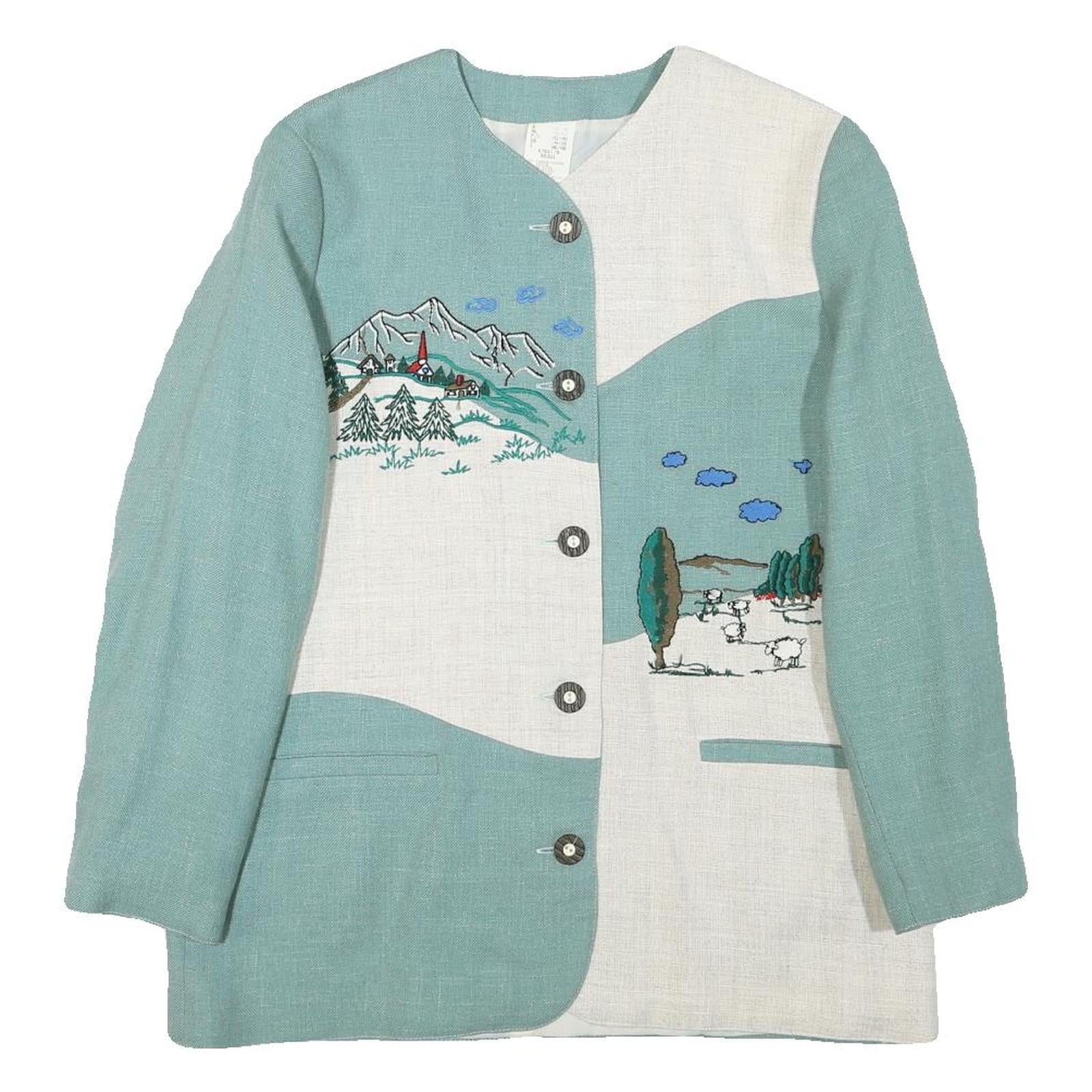 Womens Blue & White Embroidered Linen Blend Button Jacket M Plain Pastoral Scene Refurbished - N/A refurbished available on Cerqular