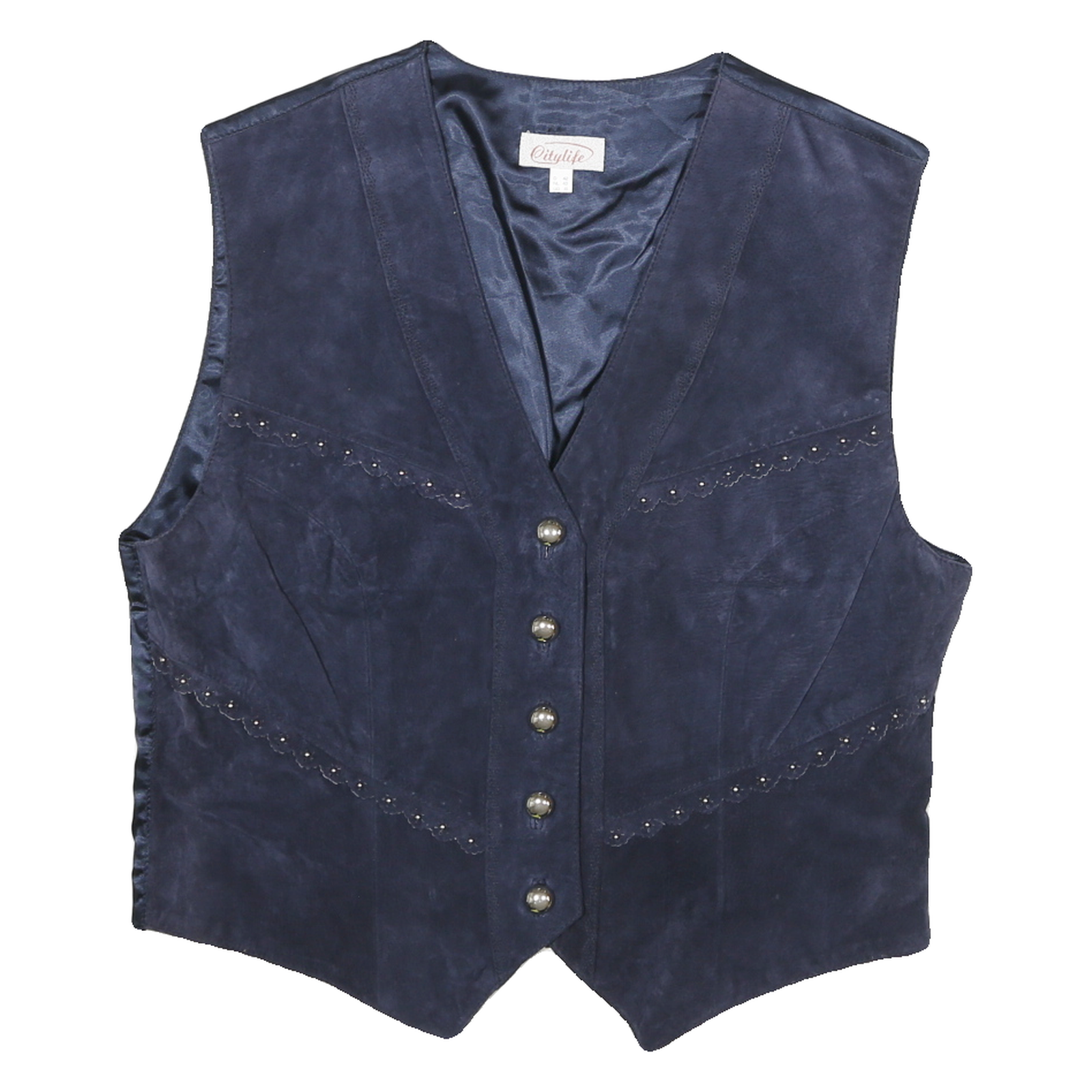 CITYLIFE Womens Navy Blue Leather Button Jacket UK 16 Suede Satin Lined Vest Refurbished - N/A refurbished available on Cerqular