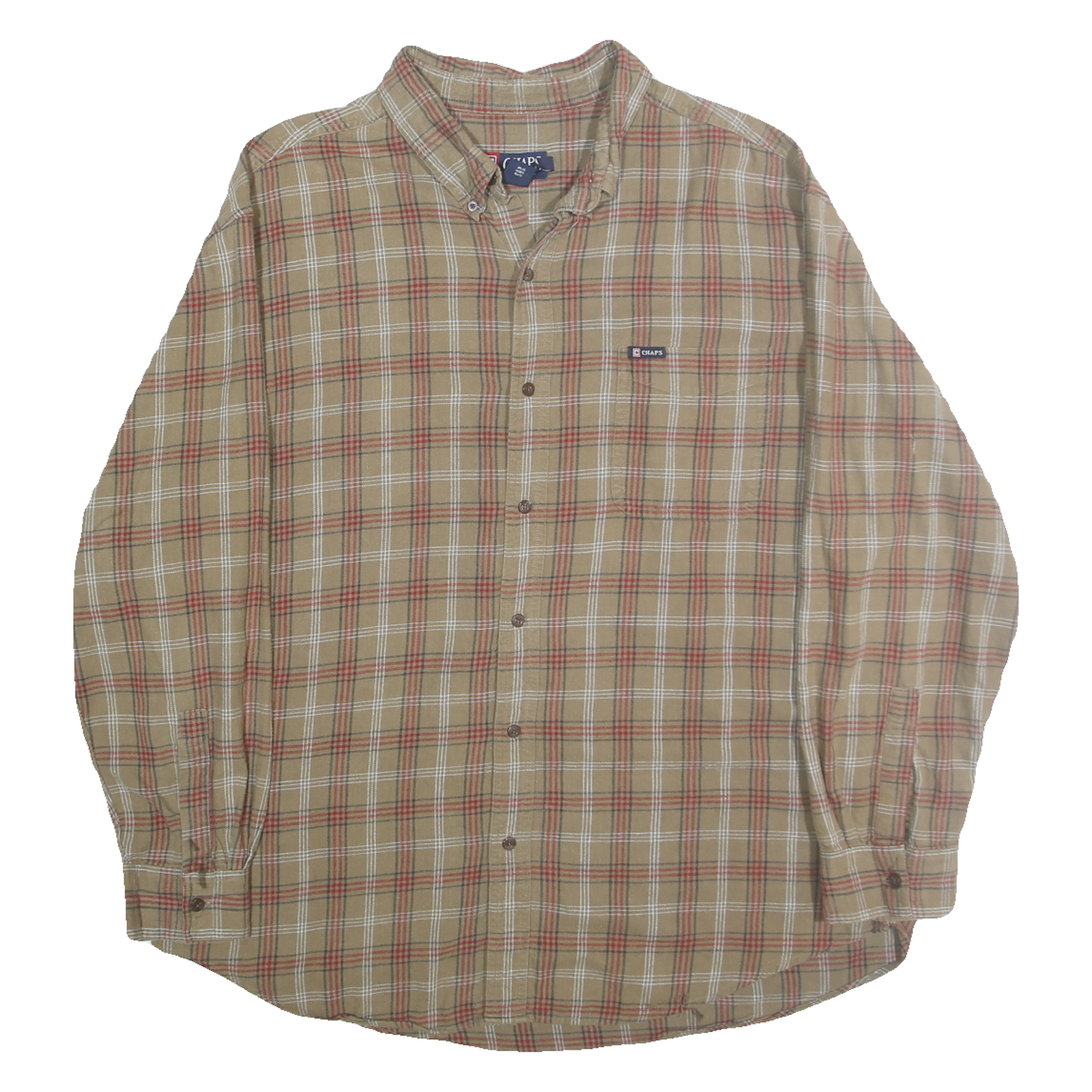 CHAPS Mens Beige & Red Checked Cotton Shirt 2XL Casual Long Sleeve Button-Up Refurbished - N/A refurbished available on Cerqular