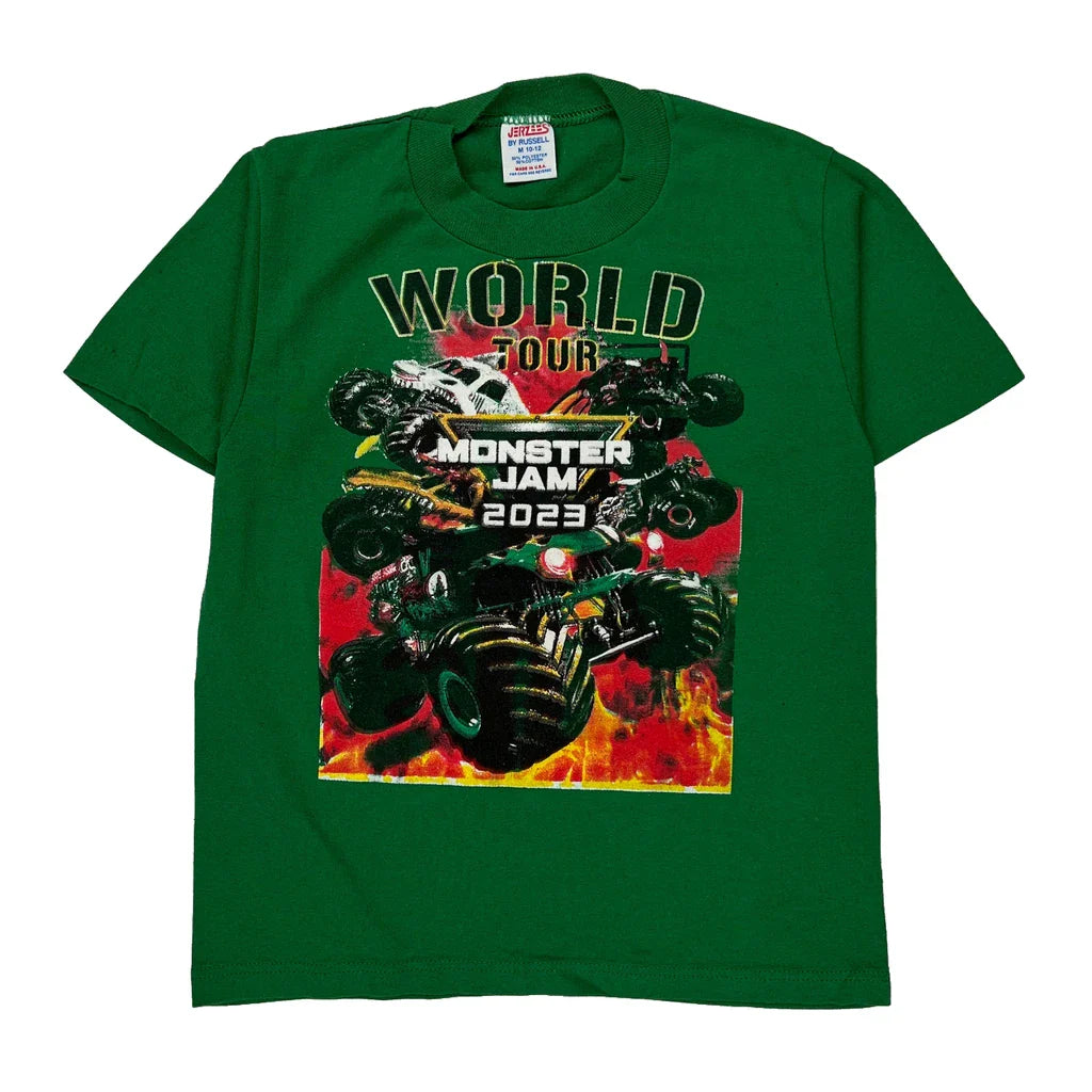 Age 10-12 Monster Jam 2023 Jerzees Graphic T-Shirt - Medium Green Cotton Blend Refurbished - Thrifted (note: this is a term often used to describe second- refurbished available on Cerqular