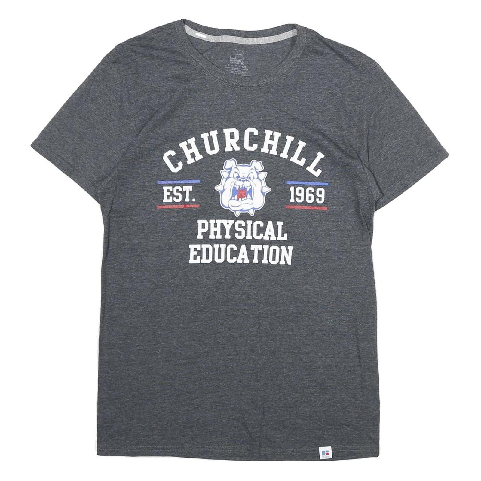 RUSSELL ATHLETIC Mens Grey Churchill Physical Education Graphic T-Shirt S Crew Refurbished - N/A refurbished available on Cerqular