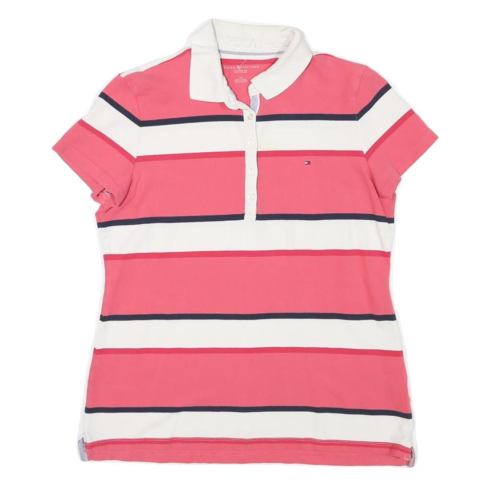 TOMMY HILFIGER Womens Pink & White Striped Short Sleeve Polo Shirt XL Cotton Refurbished - N/A refurbished available on Cerqular