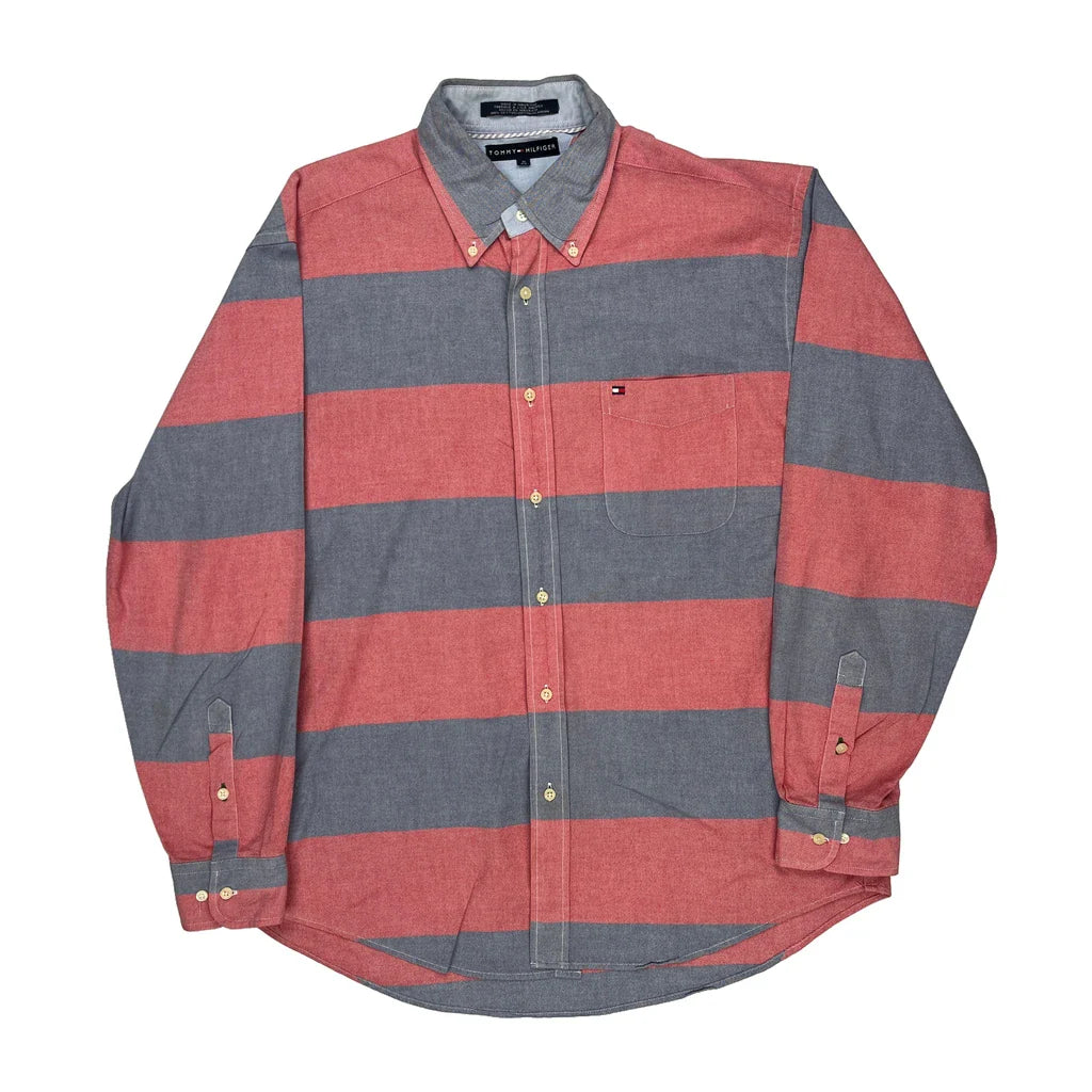 Tommy Hilfiger Striped Shirt - Large Grey Cotton Refurbished - Thrifted (note: this is a term often used to describe second- refurbished available on Cerqular