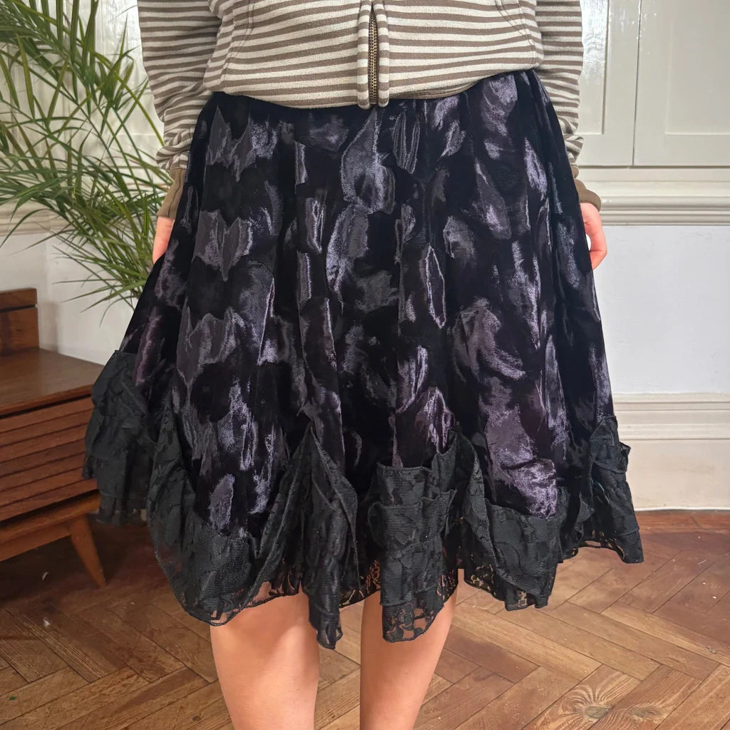 Unbranded Lace Midi Skirt - 29W UK 10 Black Velvet Refurbished - Thrifted (note: this is a term often used to describe second- refurbished available on Cerqular
