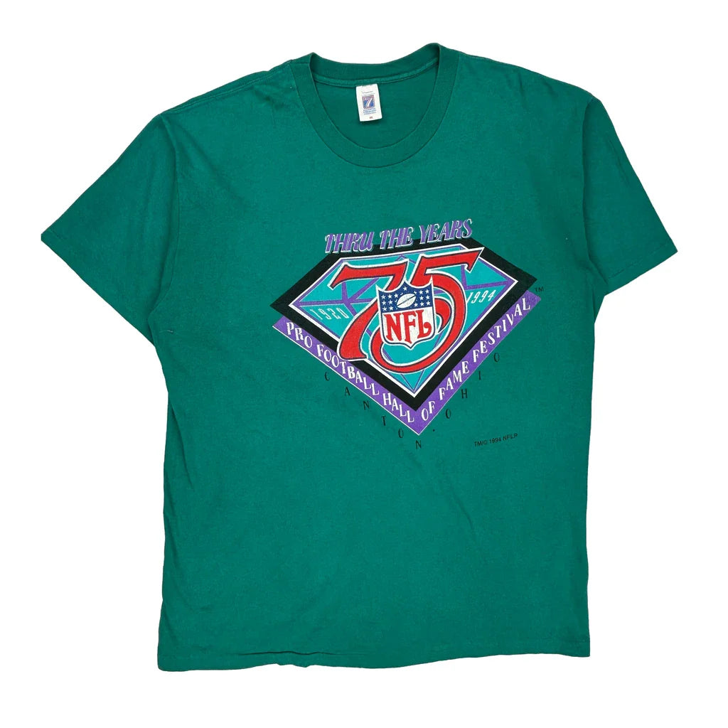 Made In USA Single Stitch Hall Of Fame Festival Logo 7 Nfl T-Shirt - 2XL Green Cotton Refurbished - Thrifted (note: this is a term often used to describe second- refurbished available on Cerqular