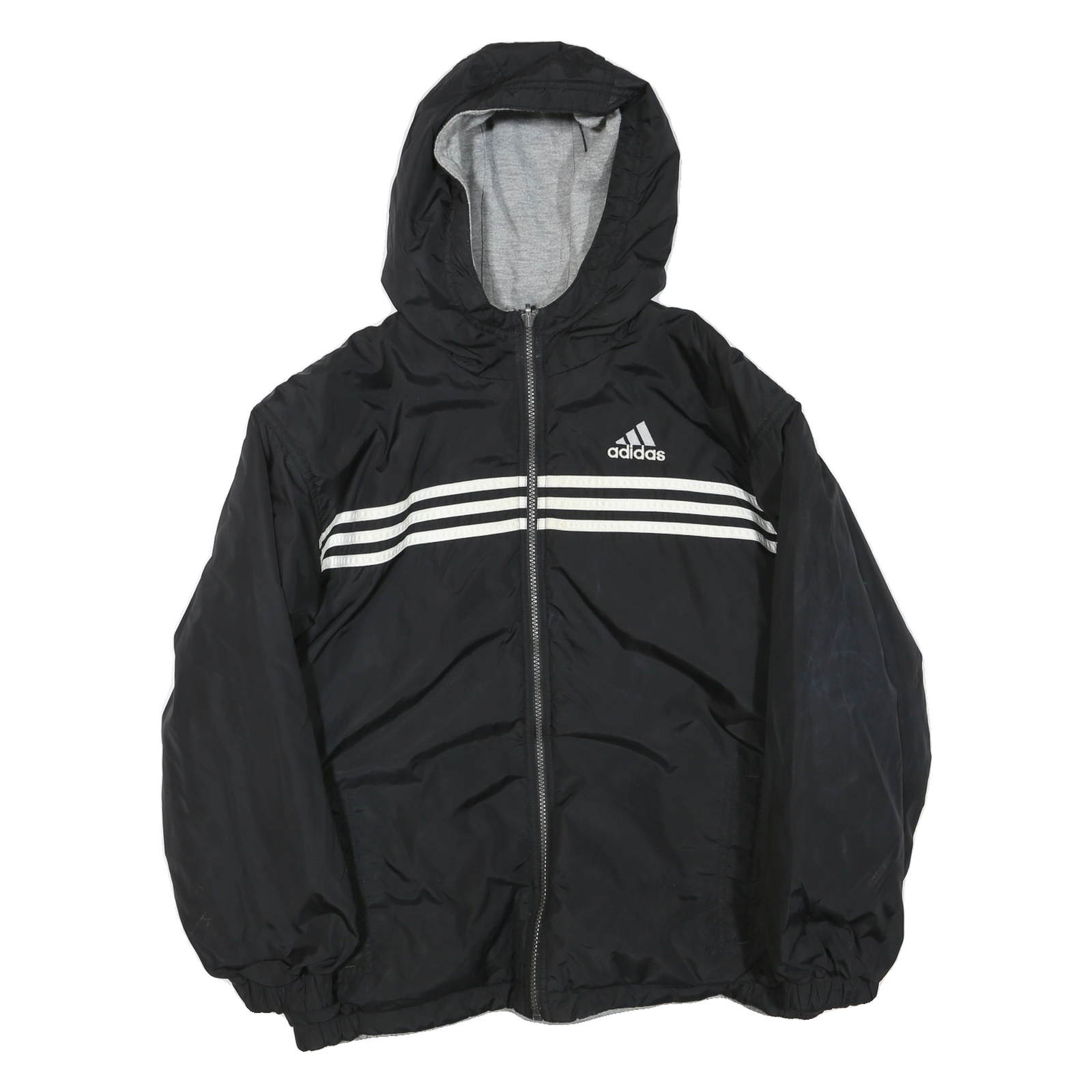 ADIDAS Mens Black White Three Stripe Hooded Jacket L Polyester Blend Zip Refurbished - N/A refurbished available on Cerqular