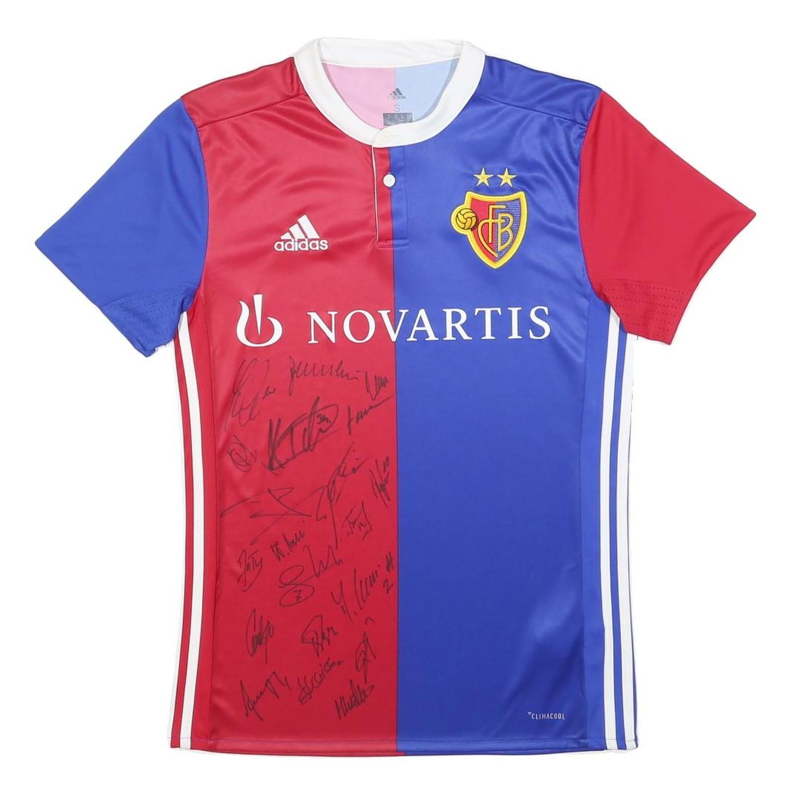 ADIDAS Mens Red & Blue FC Basel Football Shirt S Short Sleeve Crew Neck Signed Refurbished - N/A refurbished available on Cerqular
