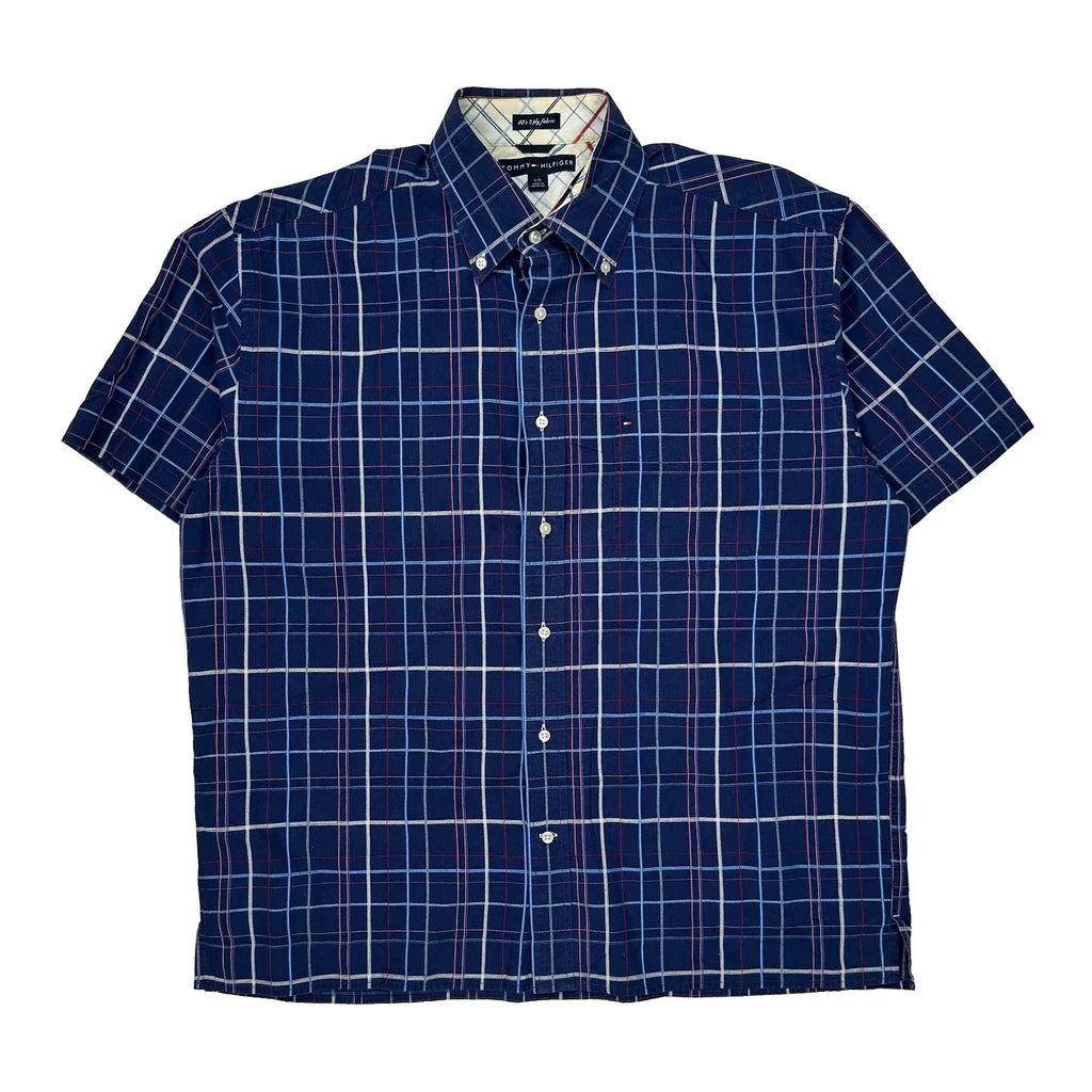 Tommy Hilfiger Checked Short Sleeve Shirt - Large Red Cotton Refurbished - Thrifted (note: this is a term often used to describe second- refurbished available on Cerqular
