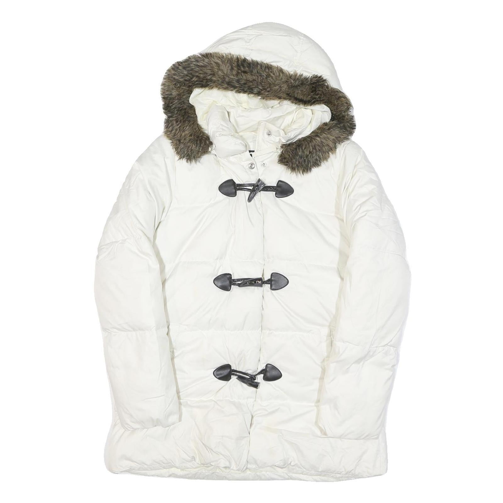 TOMMY HILFIGER Womens White Button Puffer Jacket M Polyester Blend Faux Fur Hood Refurbished - N/A refurbished available on Cerqular