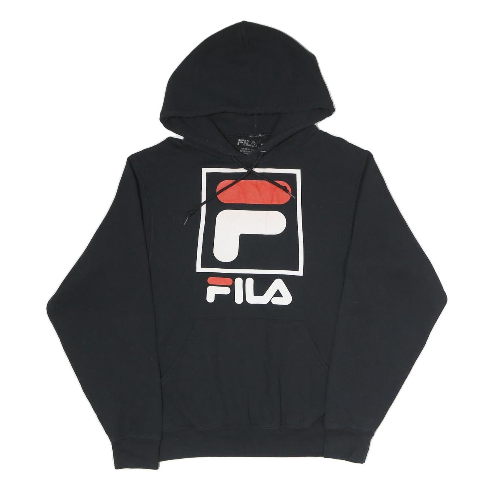 FILA Mens Black Cotton Blend Pullover Hoodie S Large Logo Print Comfort Refurbished - N/A refurbished available on Cerqular