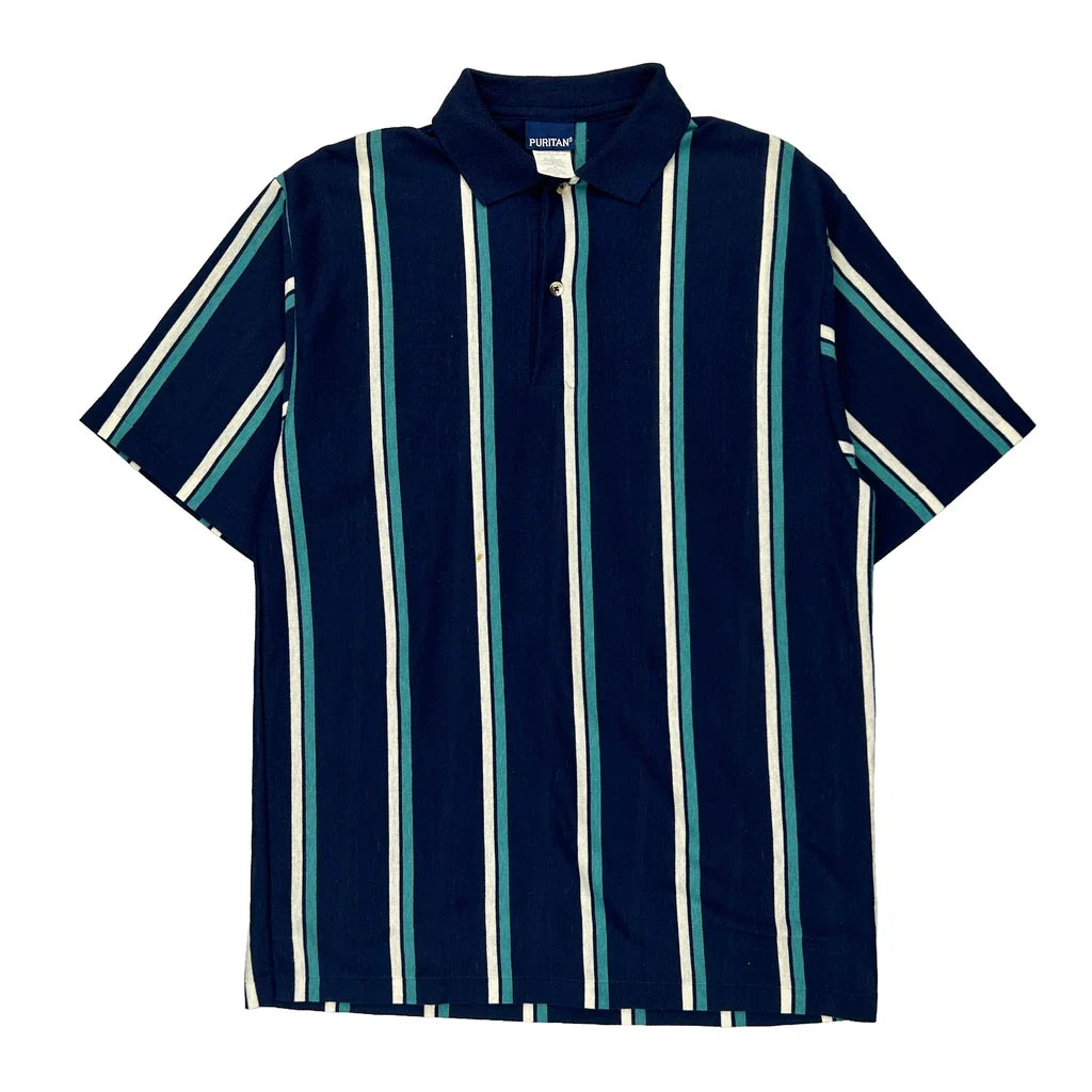 Puritan Single Stitch Polo Shirt - Large Navy Cotton Blend Refurbished - Thrifted (note: this is a term often used to describe second- refurbished available on Cerqular